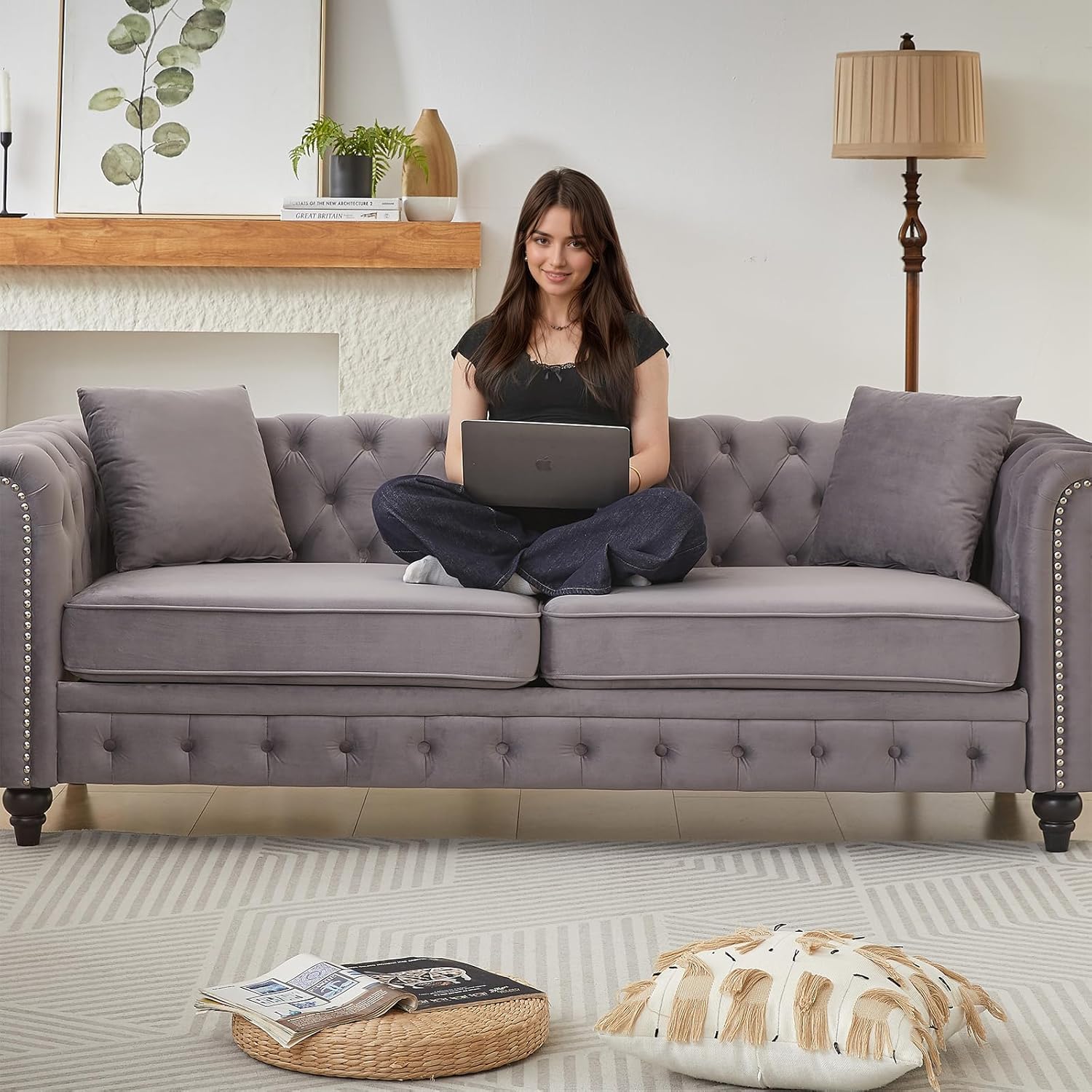 Modern Chesterfield Sofa Set for Living Room, 2 Piece Velvet Fabric Furniture Sets 3 Seater Couch&Loveseat Sofa with Rolled Arms and Tufted Button, Office, Light Grey