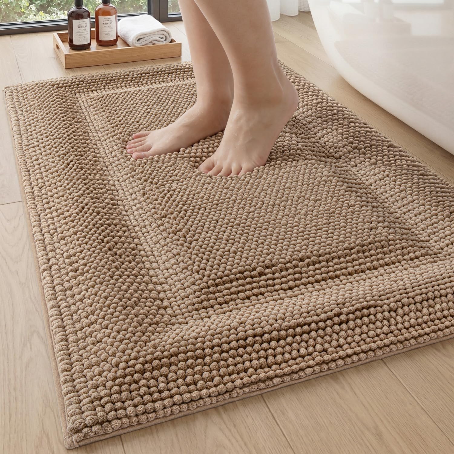 DEXI Bath Mats for Bathroom 16x24, Non Slip Washable Bathroom Rug, Thick Soft Chenille Absorbent Bathmat for Shower Floor, Fluffy Shaggy Carpet for Tub, Grey