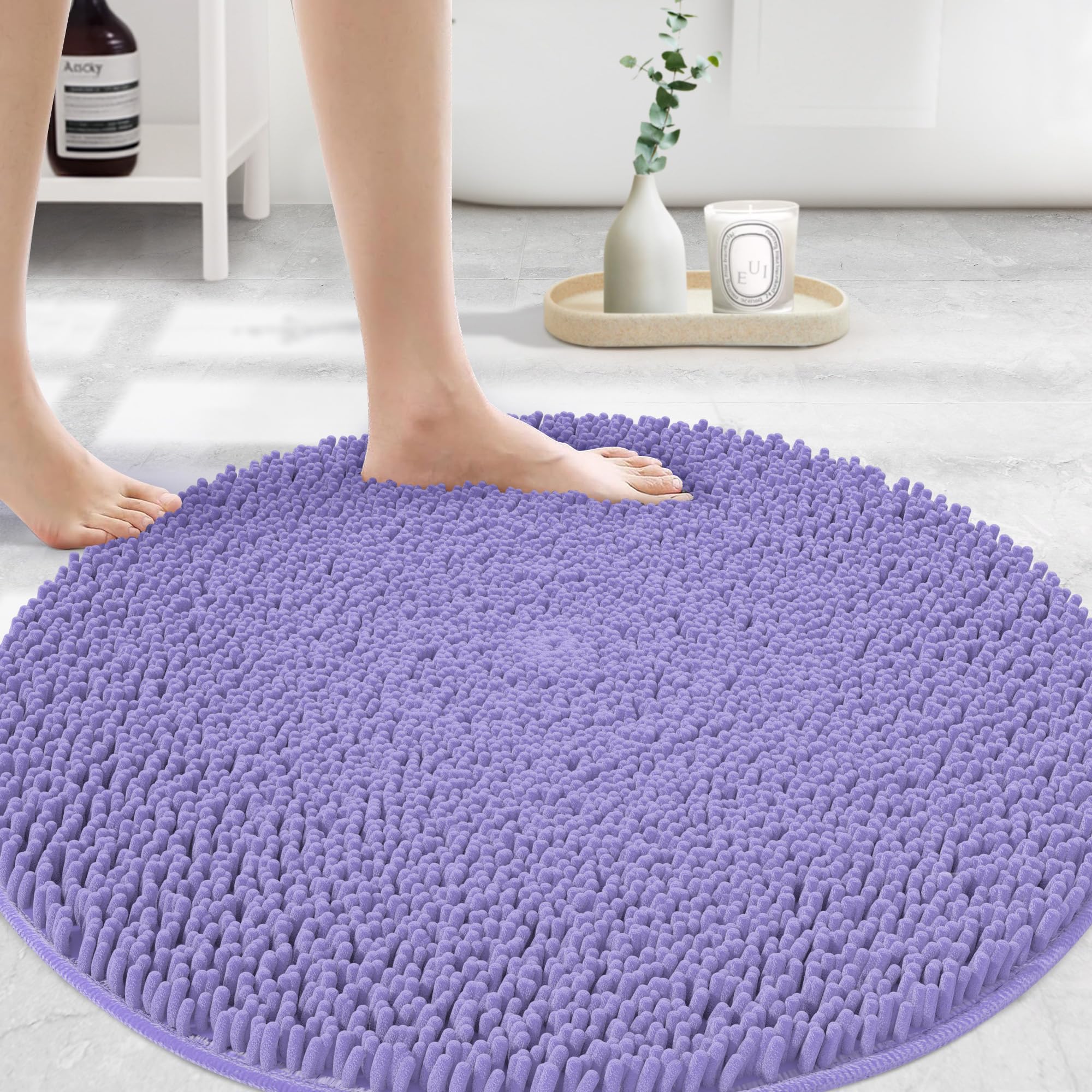 MAYSHINE Round Area Rug Set for Bathroom | Soft Plush Chenille Bath Mat, Water Absorbent Non-Slip Bathroom Rug | Washable Shag Carpet for Shower, Bedroom, or Home Décor | 36"x36" (Round) | White