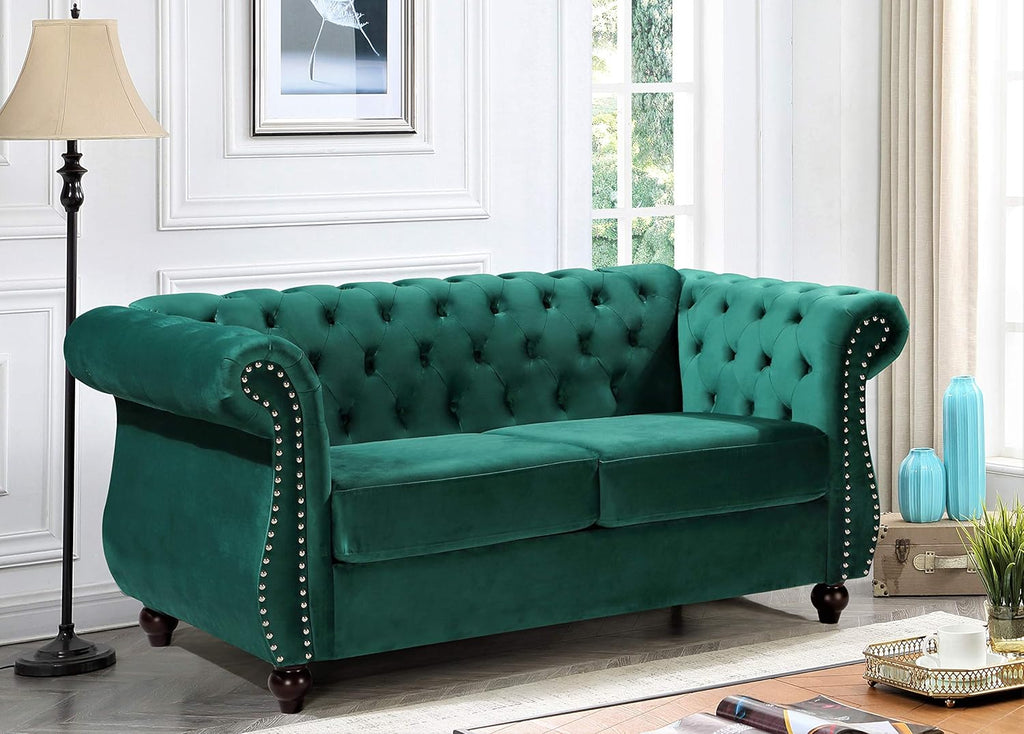 Container Furniture Direct Feinstein Modern Velvet Chesterfield Couches for Living Room with Nailheads, Diamond Tufting & Durable Metal Frame, Loveseat, Green