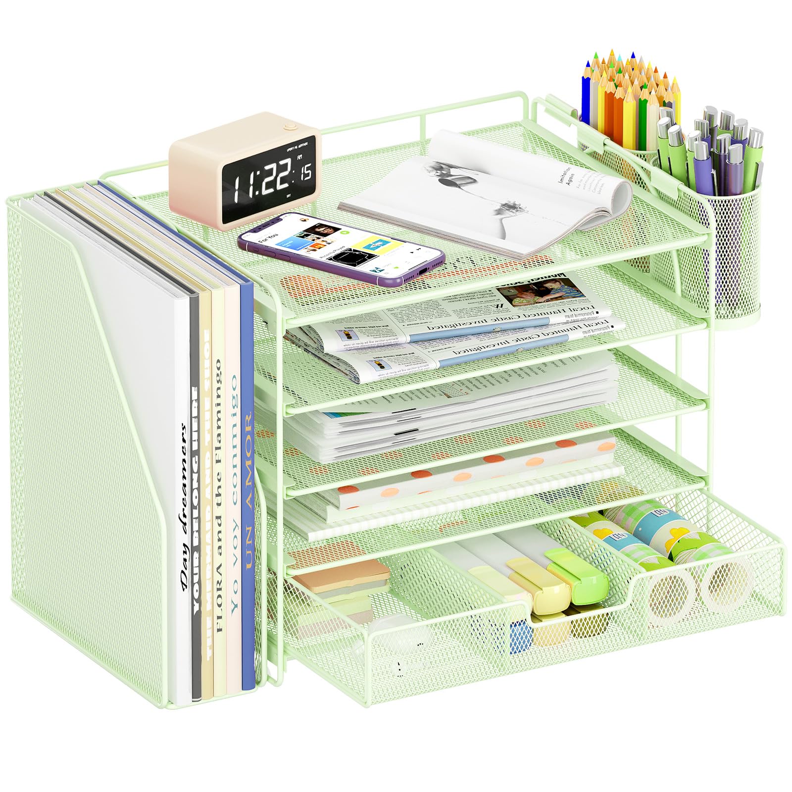 OPNICE Desk Organizer, 4-Tier Desktop File Organizer with Drawer and 2 Pen Holders, Office Desk Accessories, File Sorters, Workspace Organizers for Office Supplies(Brown Wood)