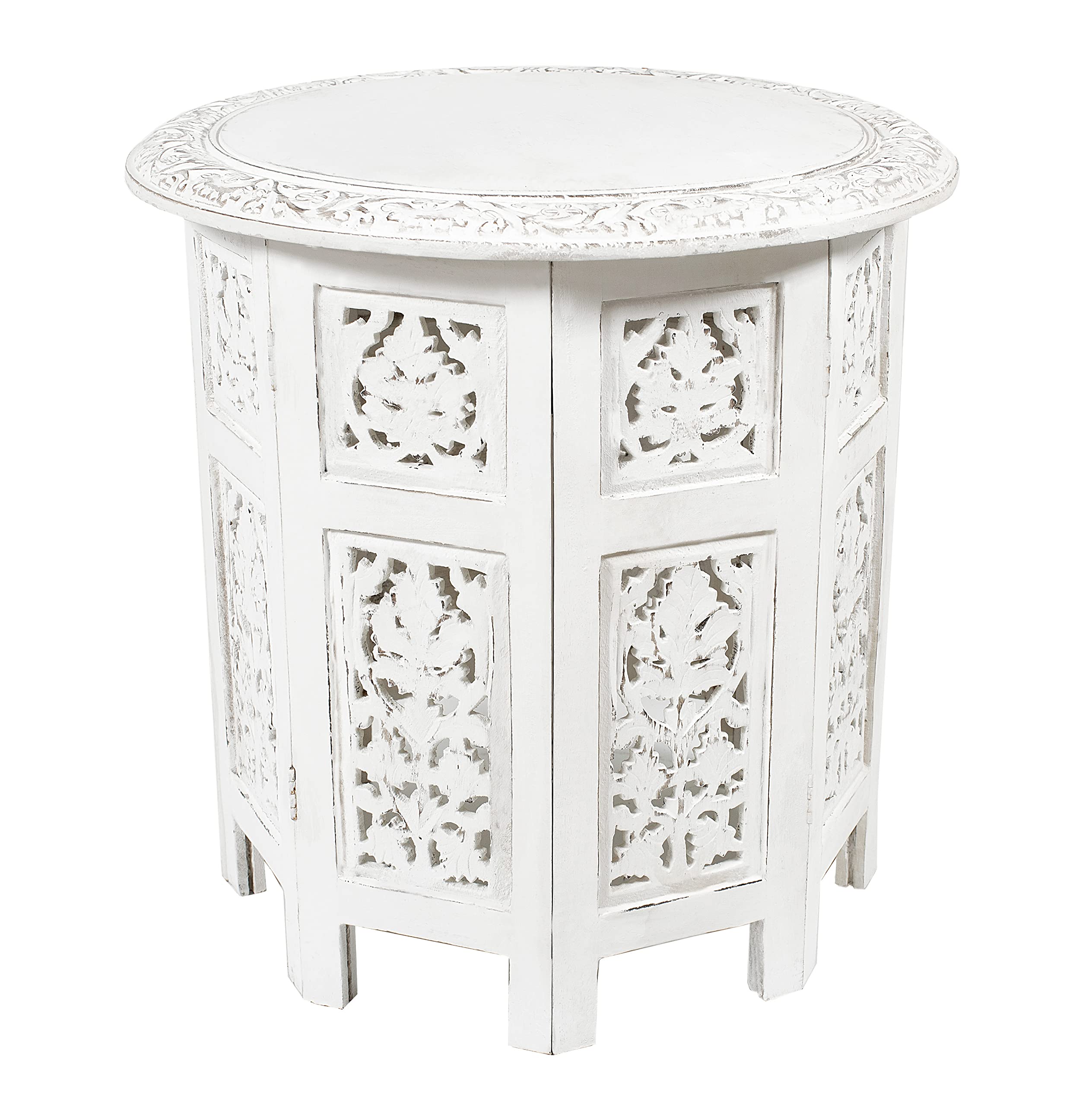 COTTON CRAFT Solid Wood Accent End Table - Hand Carved Vintage Boho Folding Side Table - Small Spaces Entryway Farmhouse Living Room Bedside - No Tools Assembly - 18x18 Octagon - Brown