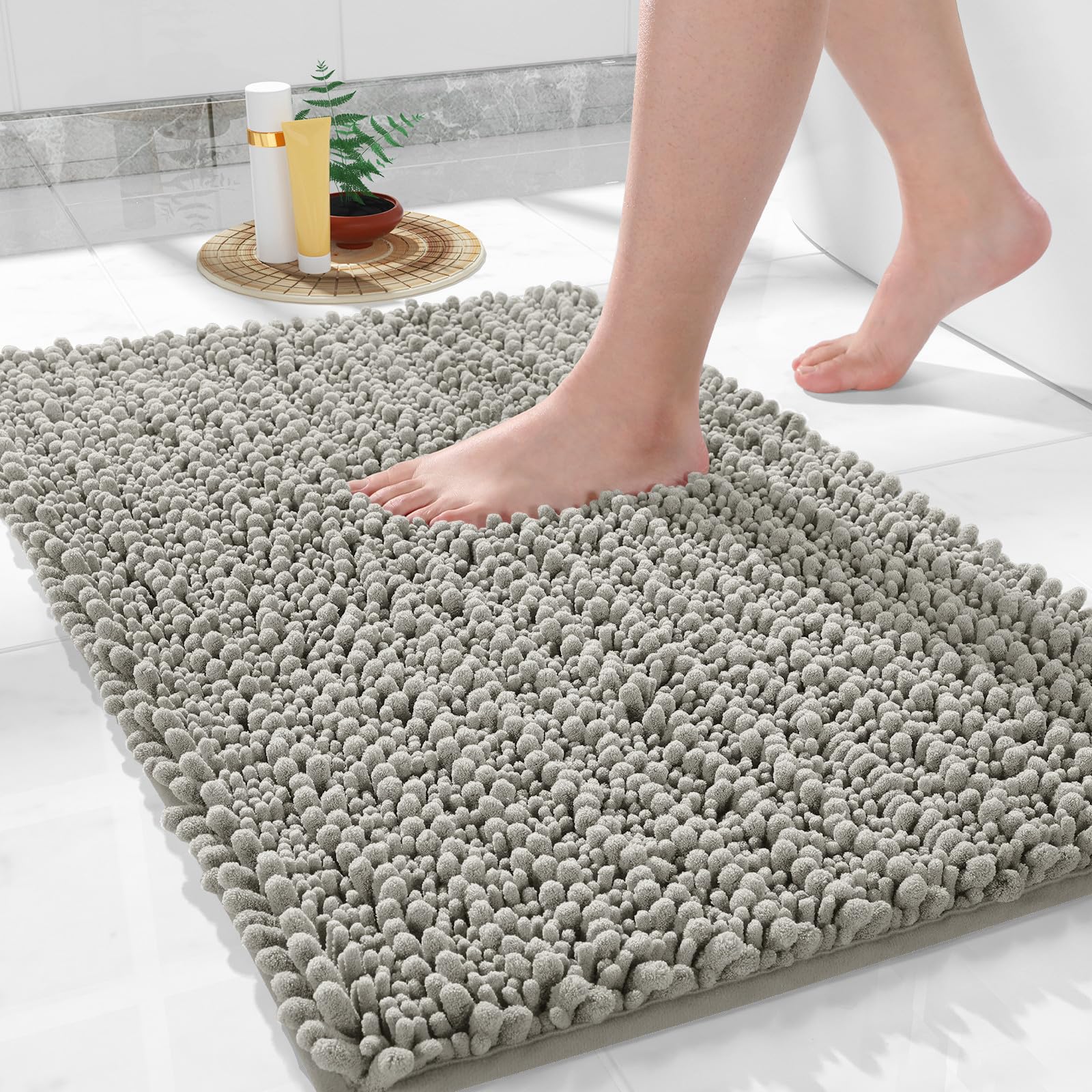 Yimobra Bathroom Rugs Non Slip Washable - Ultra Soft Absorbent Chenille Bath Mat, Quick Dry Shaggy Floor Carpet for Tub Shower, Gray Home Decor Accessories, 24x17 Inch