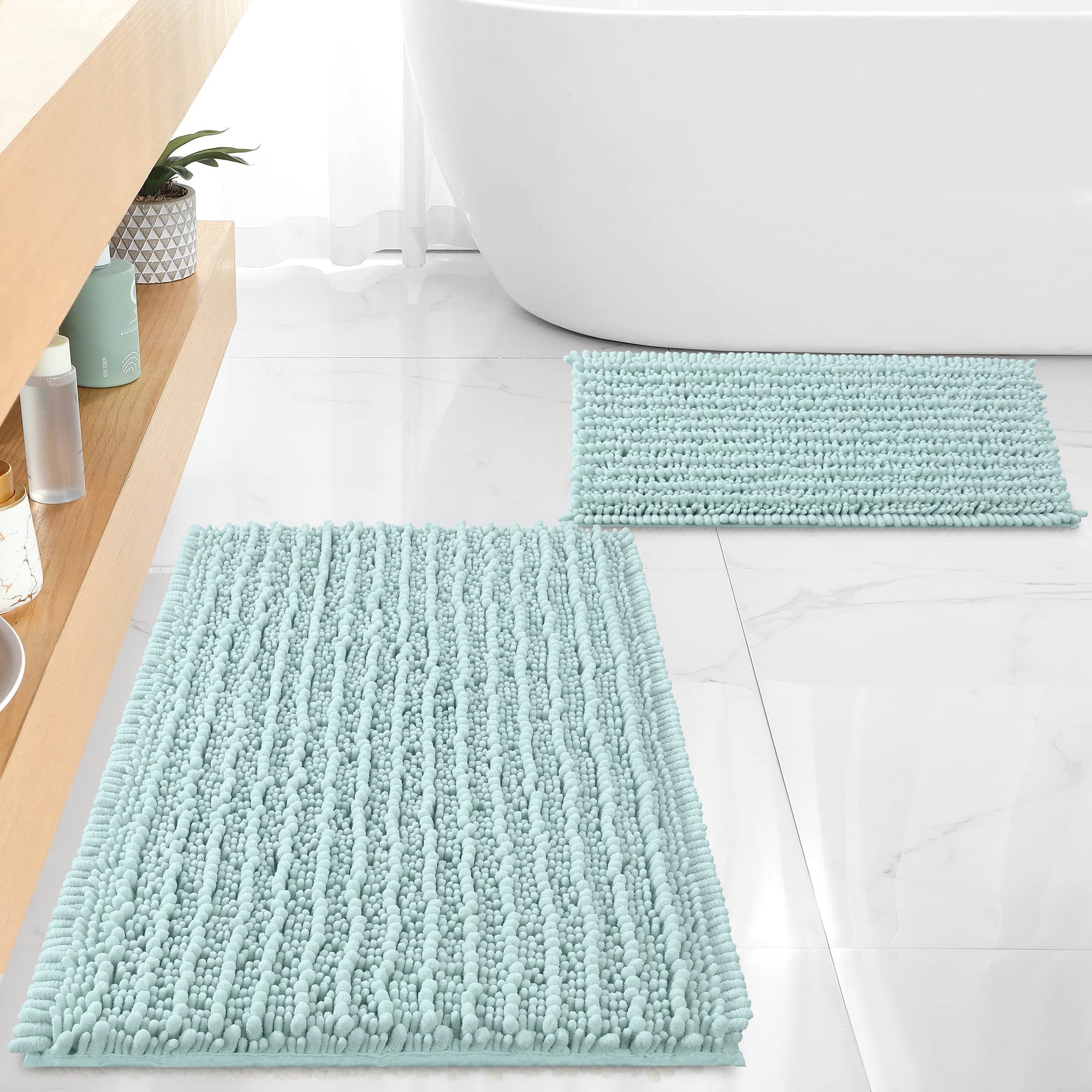 FLOLEOPA Chenille Coral Pink Bath Mat, Luxury Handmade Bathroom Rug, Non Slip, Extra Soft, Absorbent, Machine Washable, 32'x20' Plus 17'x24'