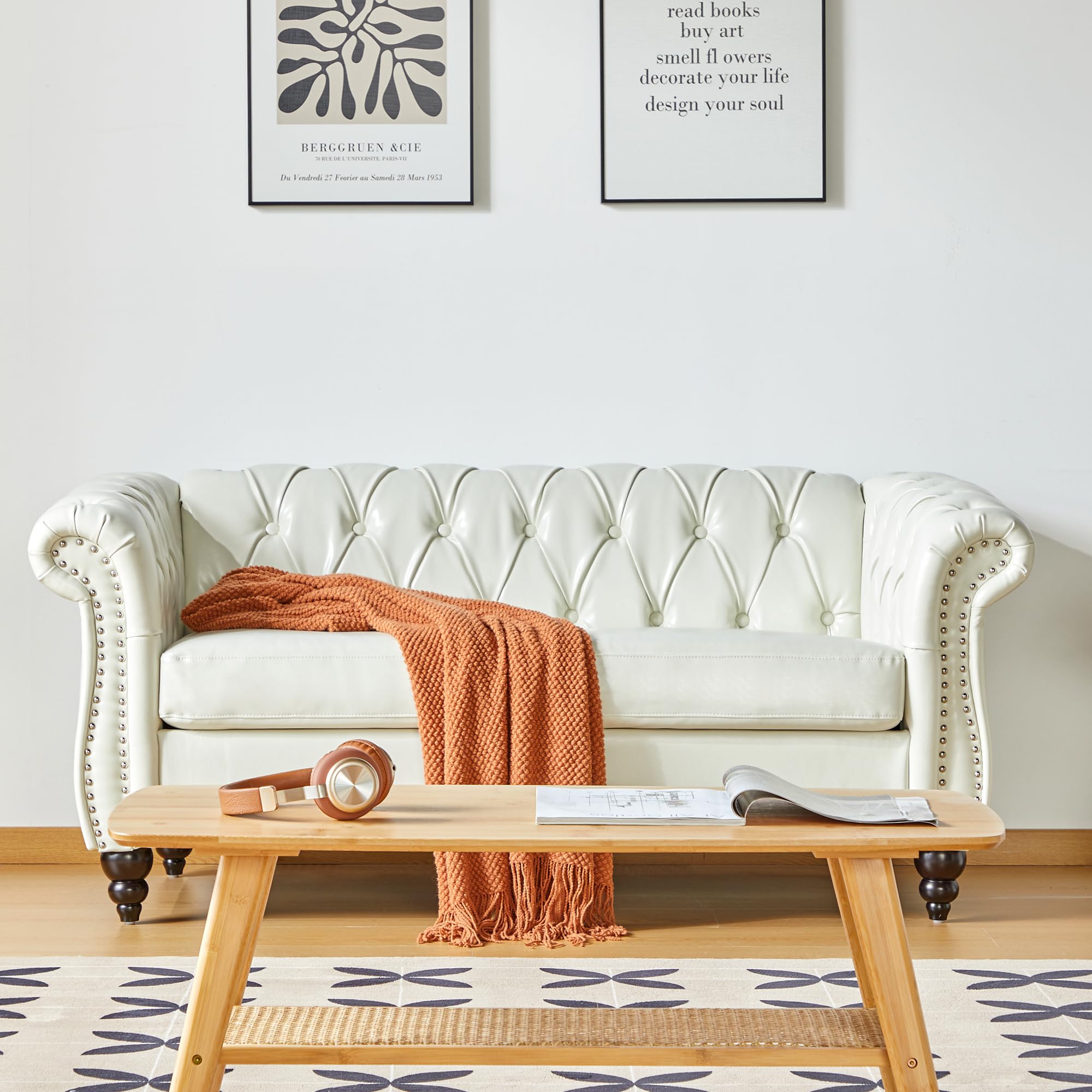 ORRD Chesterfield Loveseat, Modern Velvet Sofa Tufted Couch 2 Seater with Scroll Arms and Nailhead for Living Room, Bedroom, Office, Apartment (Beige)