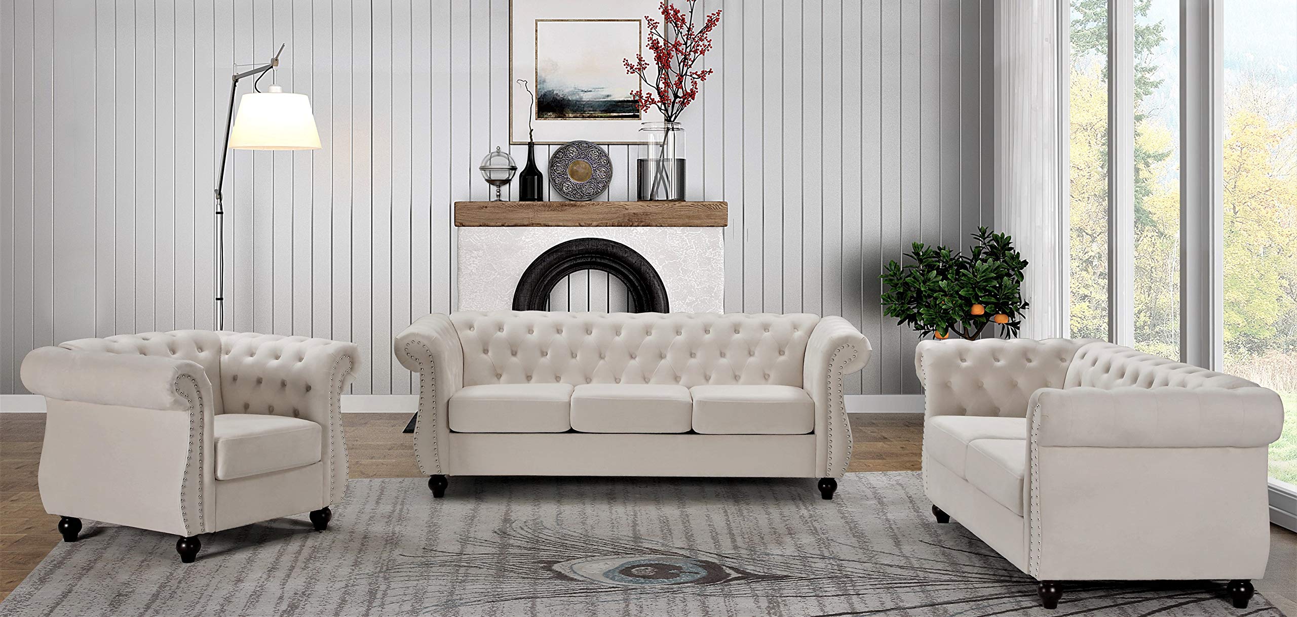 Container Furniture Direct Feinstein Modern Velvet Chesterfield Couches for Living Room with Nailheads, Diamond Tufting & Durable Metal Frame, Loveseat, Green