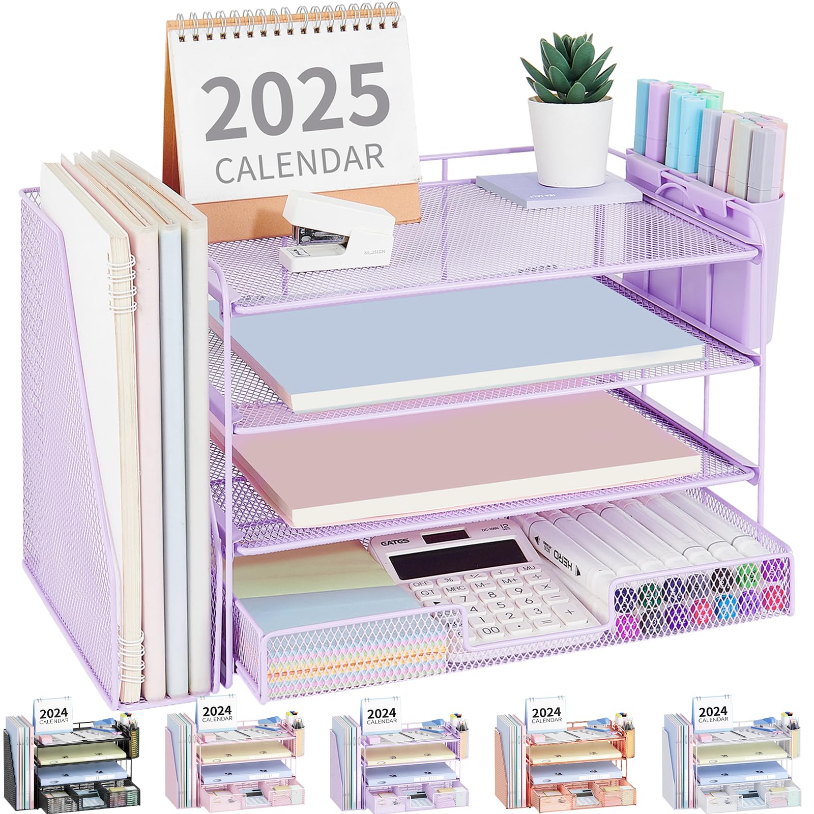 OPNICE Desk Organizer, 4-Tier Desktop File Organizer with Drawer and 2 Pen Holders, Office Desk Accessories, File Sorters, Workspace Organizers for Office Supplies(Brown Wood)
