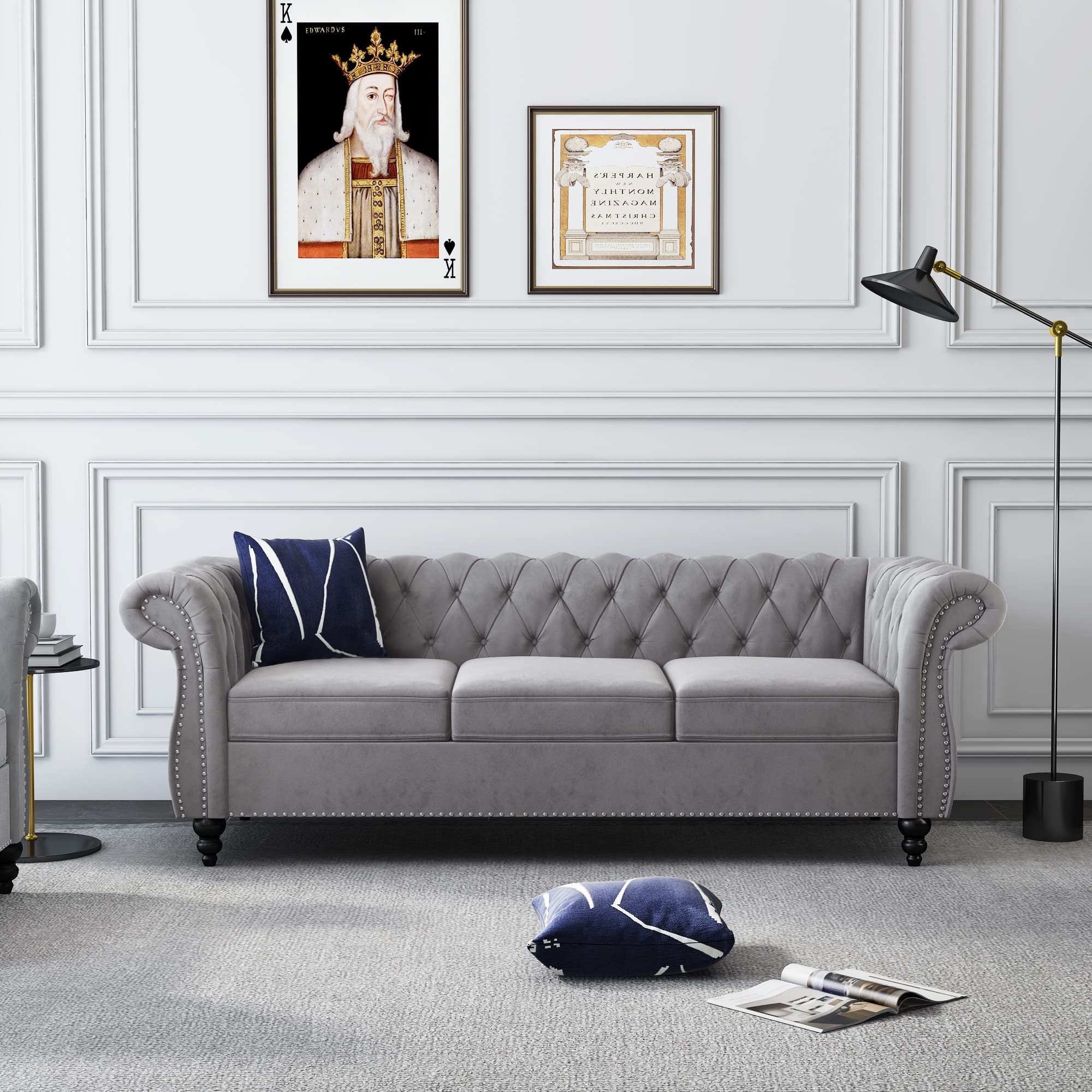 ORRD Chesterfield Loveseat, Modern Velvet Sofa Tufted Couch 2 Seater with Scroll Arms and Nailhead for Living Room, Bedroom, Office, Apartment (Beige)