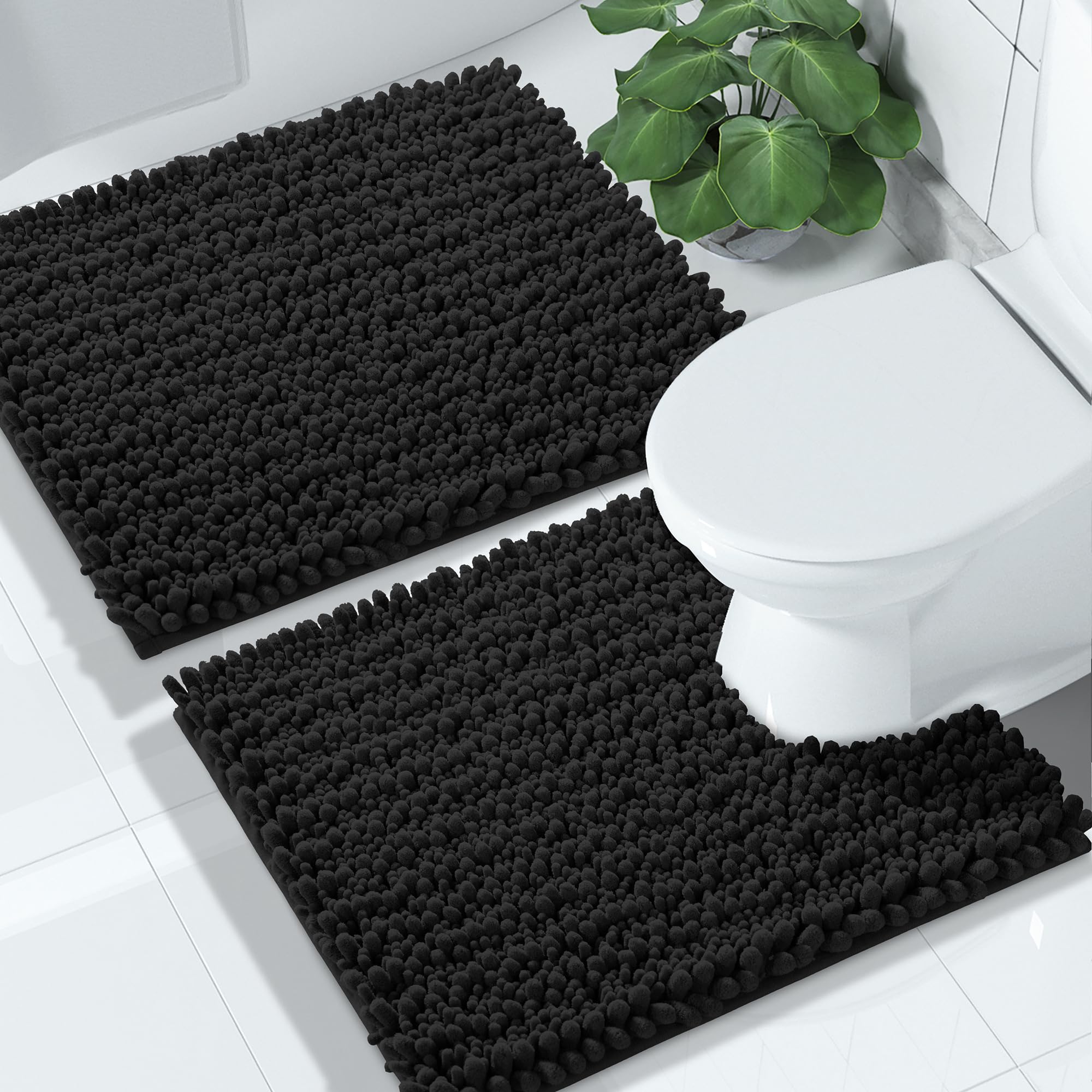 Yimobra Bathroom Rugs Sets 2 Piece - Quick Dry Extra Thick Luxury Chenille Bath Mat, Non Slip Super Absorbent for Tub Shower Sink, Machine Washable Shaggy Floor Mat, 32"x20"+24"x17" Inch, Black