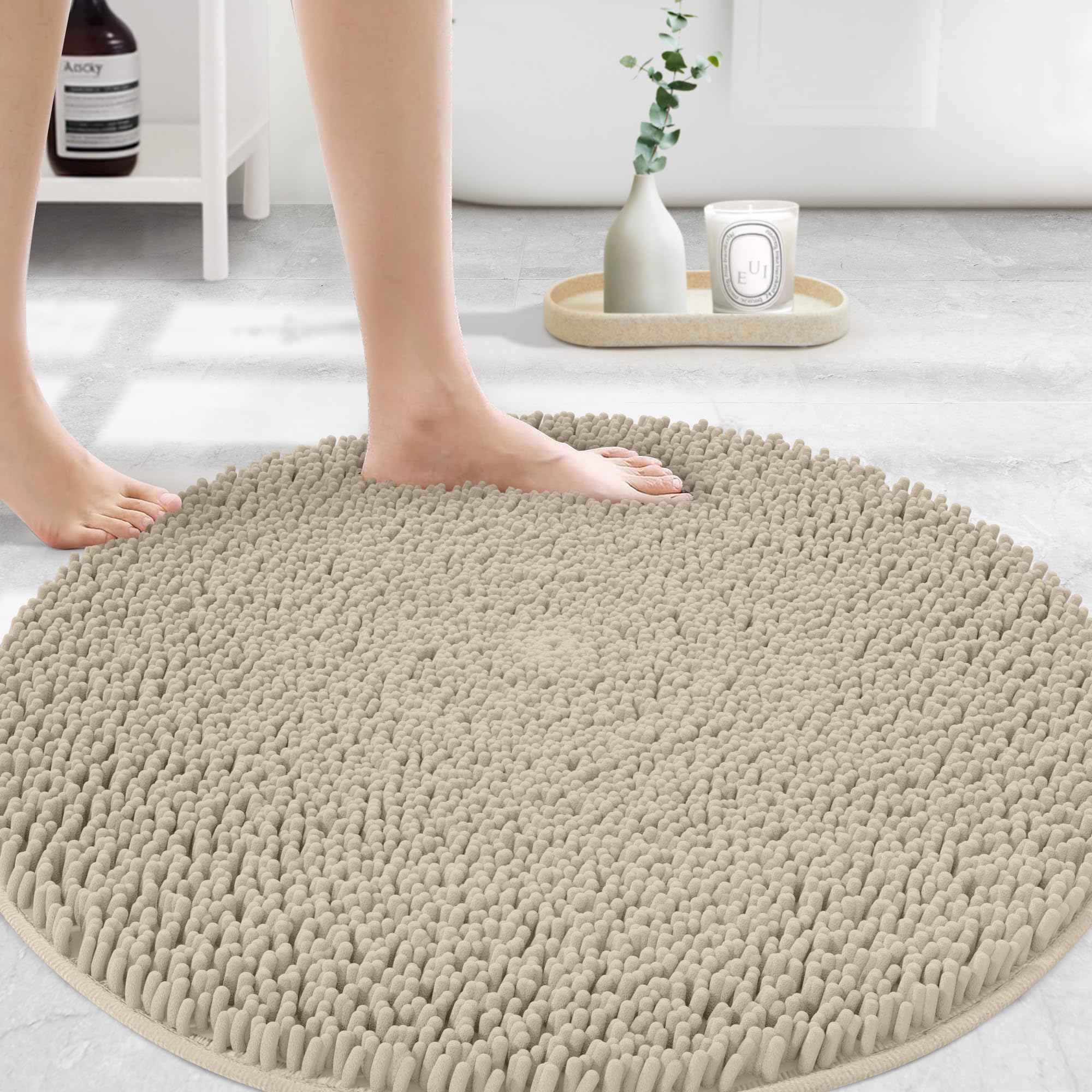 MAYSHINE Round Area Rug Set for Bathroom | Soft Plush Chenille Bath Mat, Water Absorbent Non-Slip Bathroom Rug | Washable Shag Carpet for Shower, Bedroom, or Home Décor | 36"x36" (Round) | White