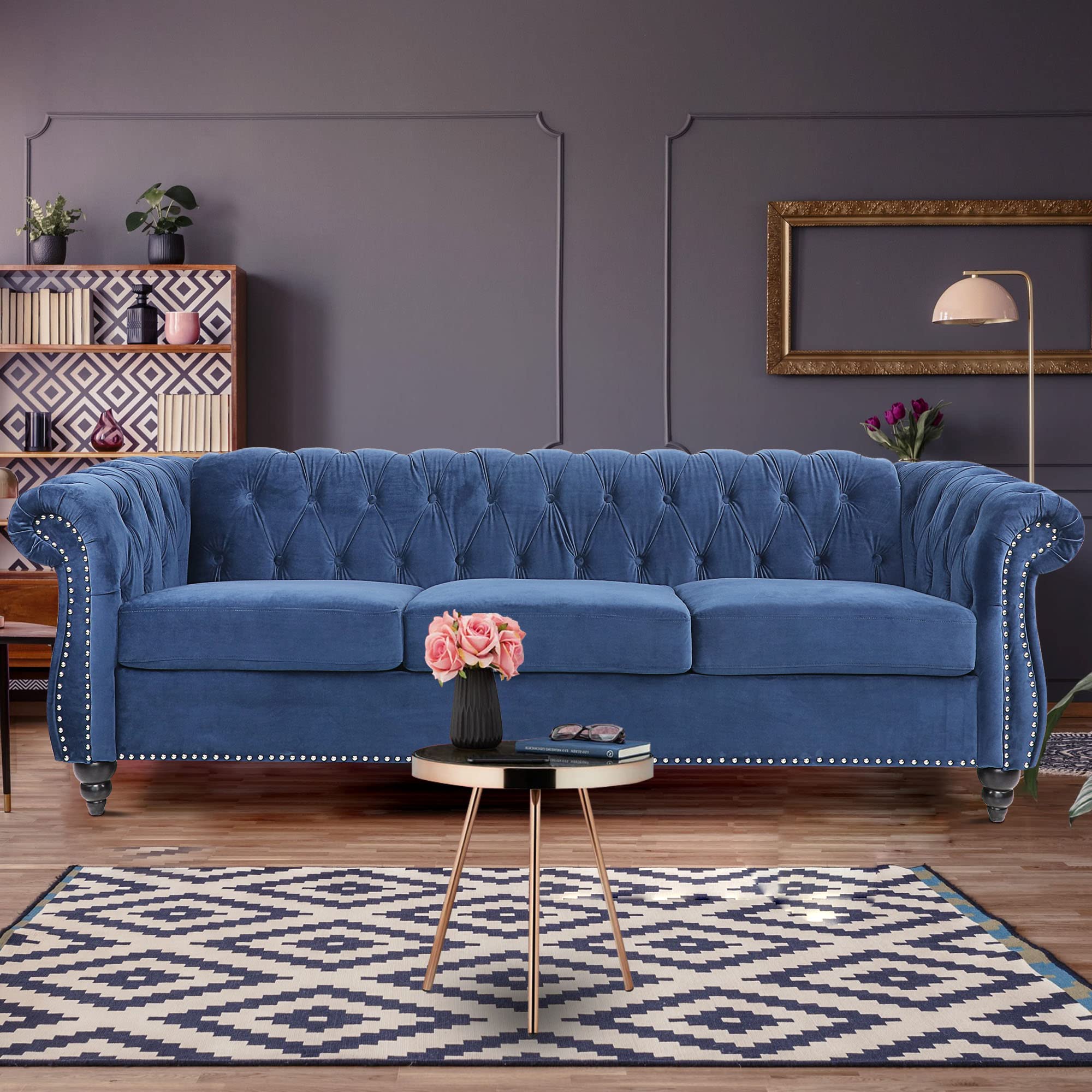 ORRD Chesterfield Loveseat, Modern Velvet Sofa Tufted Couch 2 Seater with Scroll Arms and Nailhead for Living Room, Bedroom, Office, Apartment (Beige)