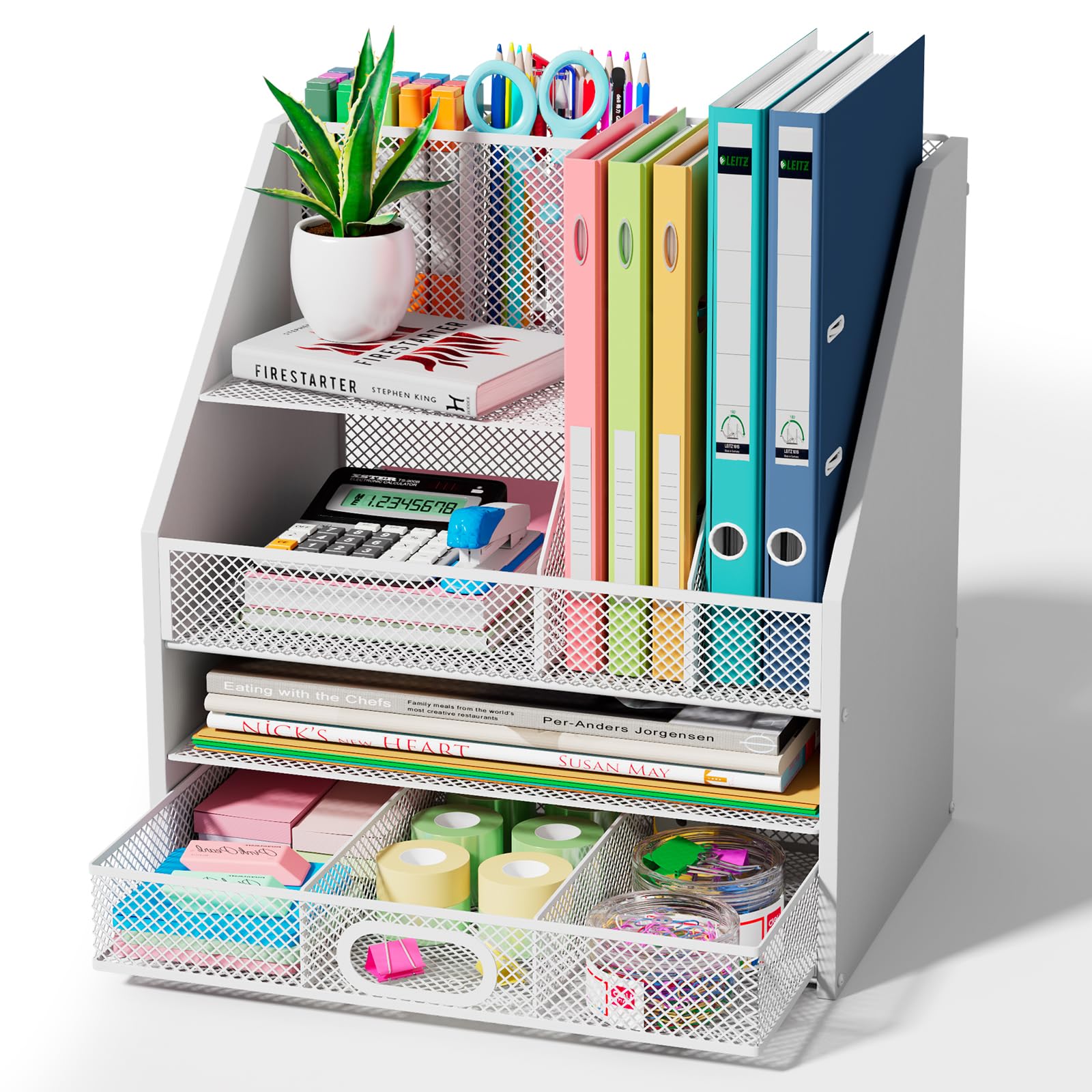 Homsorout Wooden Desk Organizer - Mesh File Organizer with Drawers and Pen Holder - 4-Tier Vertical Paper Letter Storage Tray, Desktop Organizers and Accessories for Home Office