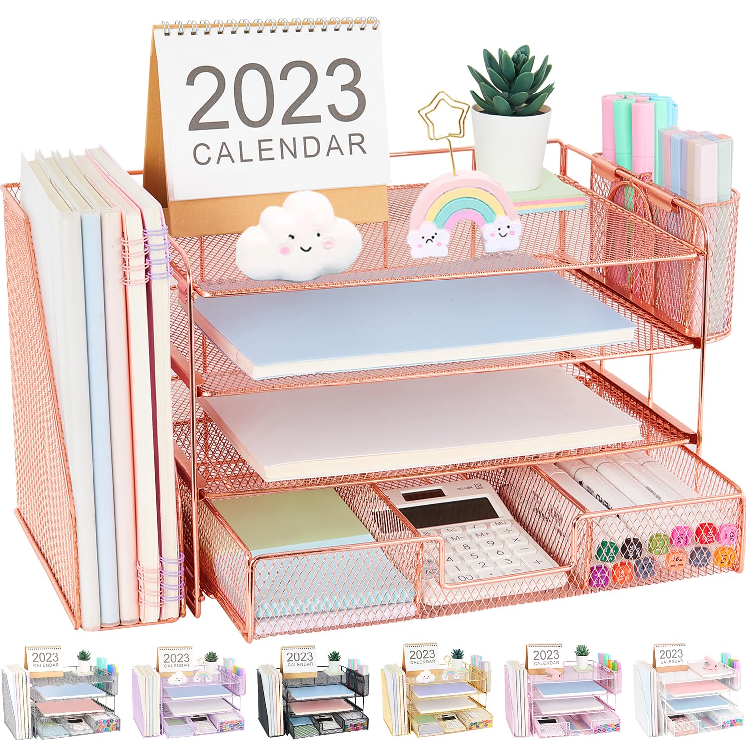 OPNICE Desk Organizer, 4-Tier Desktop File Organizer with Drawer and 2 Pen Holders, Office Desk Accessories, File Sorters, Workspace Organizers for Office Supplies(Brown Wood)
