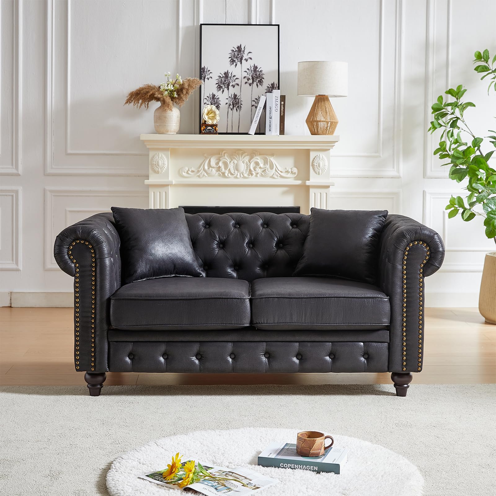 Modern Chesterfield Sofa Set for Living Room, 2 Piece Velvet Fabric Furniture Sets 3 Seater Couch&Loveseat Sofa with Rolled Arms and Tufted Button, Office, Light Grey