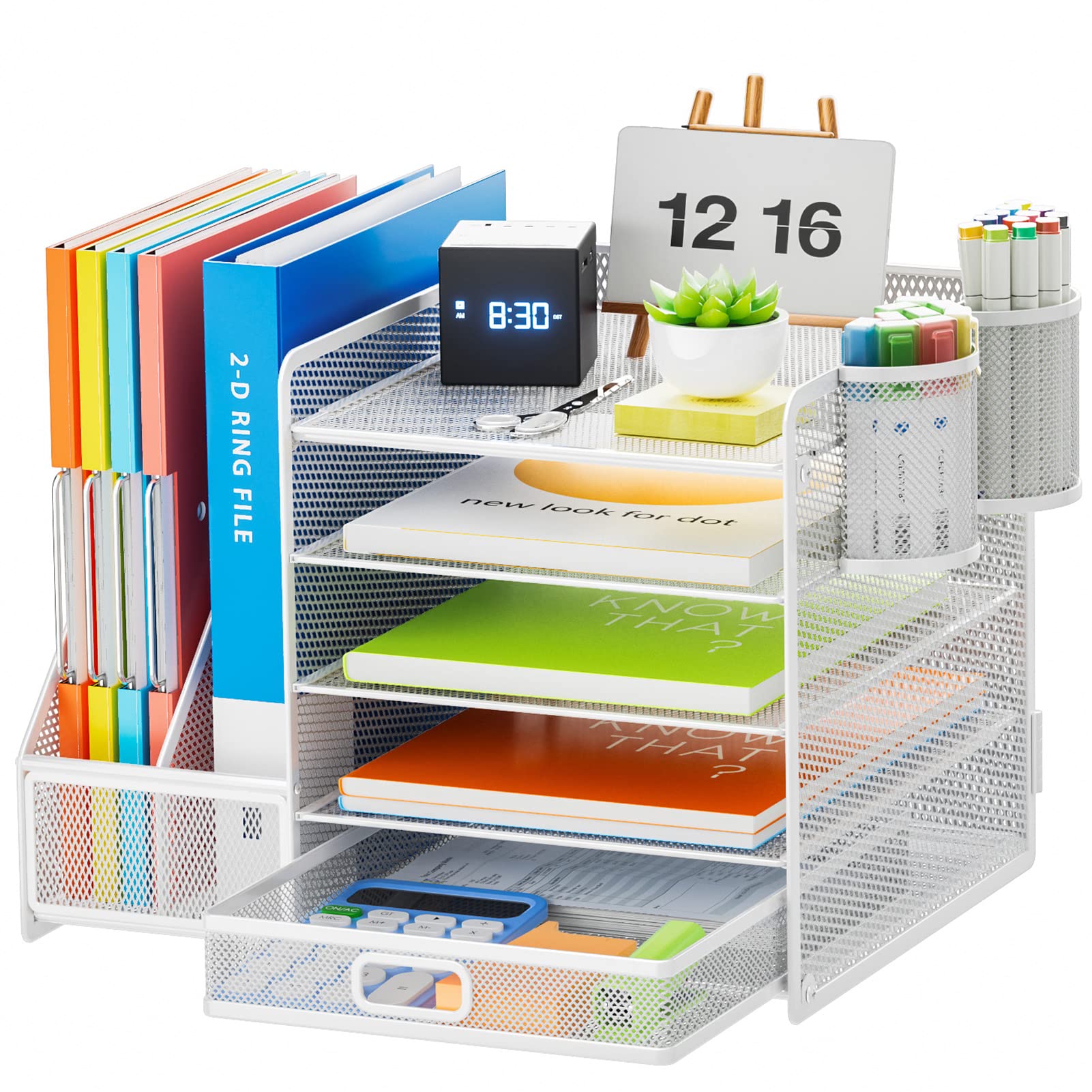 Marbrasse Desk Organizer with File Holder, 5-Tier Paper Letter Tray Organizer with Drawer and 2 Pen Holder, Mesh Desktop Organizer and Storage with Magazine Holder for Office Supplies (Wood-Brown)