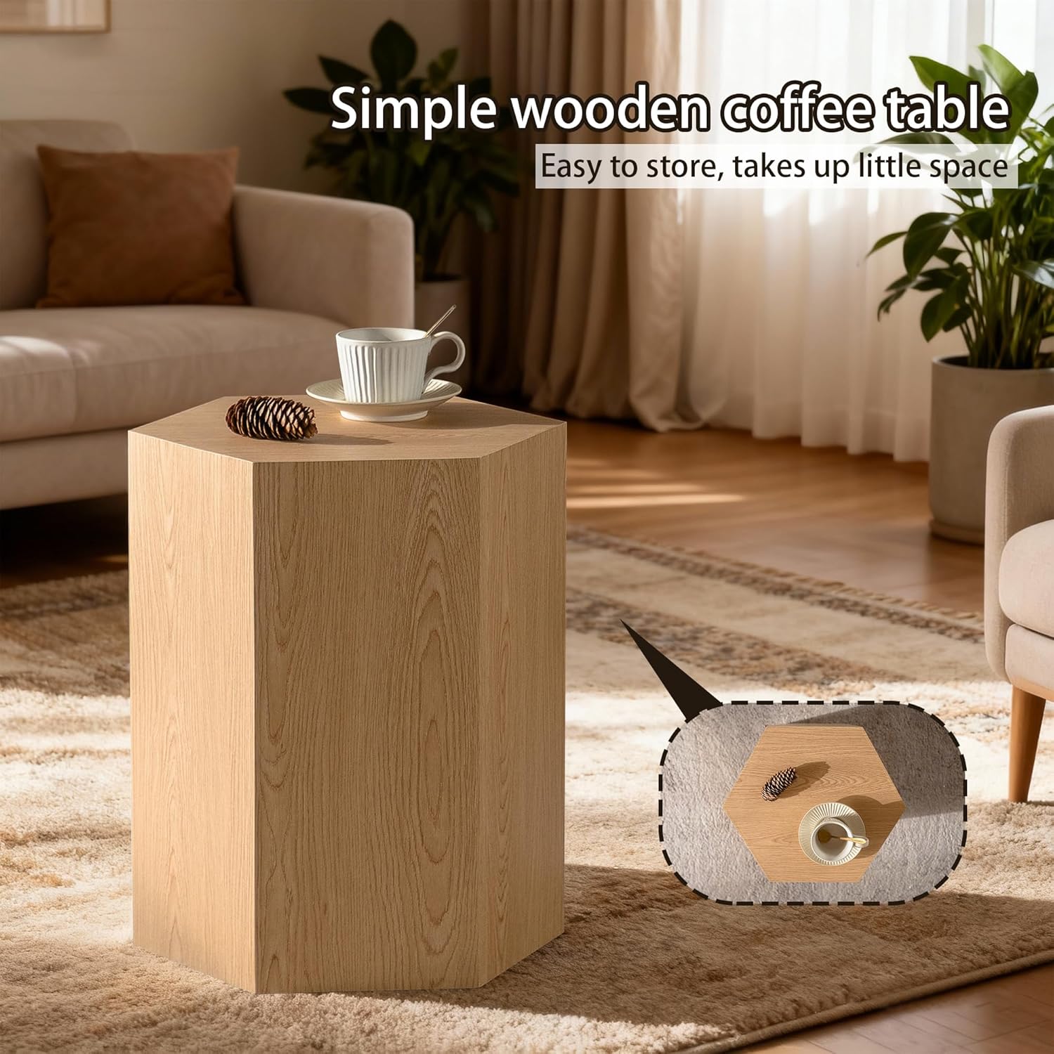 Modern Hexagonal Side Table, Walnut Wood MDF Coffee Table with Natural Texture, Non-Slip Surface, 15.7x13.8x18.9 Inches (Natural)