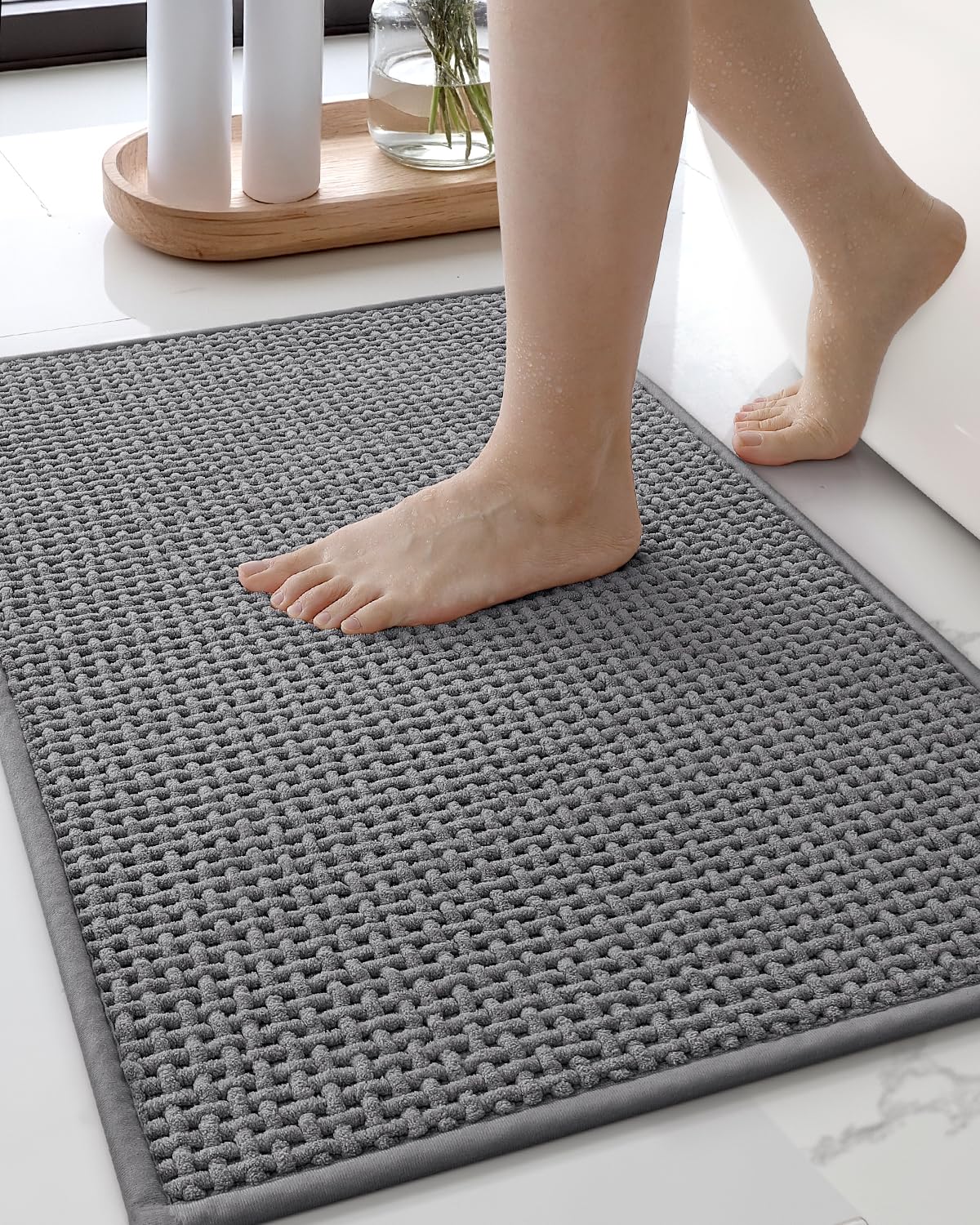 Color&Geometry Chenille Pile Large Bathroom Rugs Upgraded Denser, 24"x36" Non Slip Absorbent Green Bath Mats for Bathroom Thin Fit Under Door, Washable Quick Dry