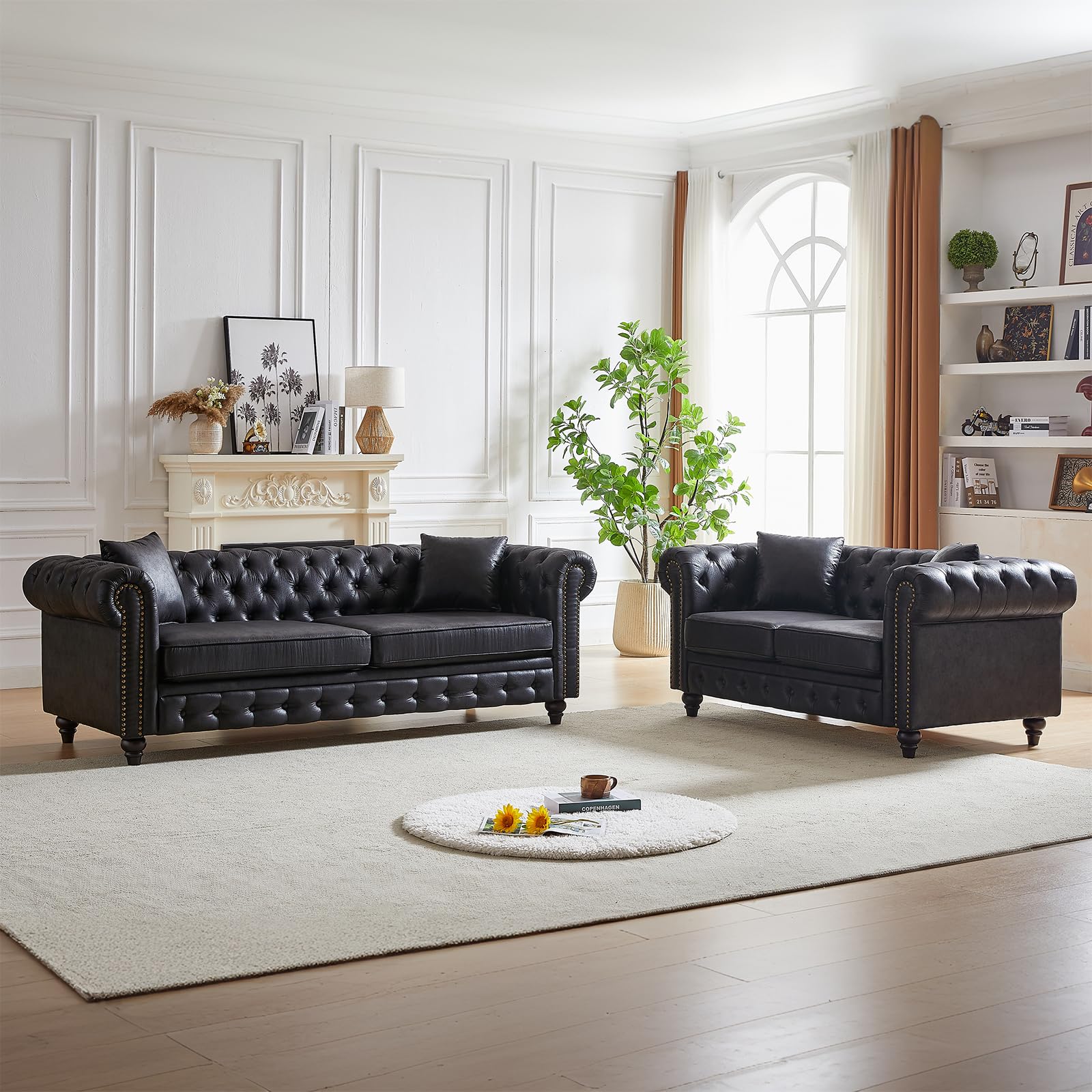 Modern Chesterfield Sofa Set for Living Room, 2 Piece Velvet Fabric Furniture Sets 3 Seater Couch&Loveseat Sofa with Rolled Arms and Tufted Button, Office, Light Grey