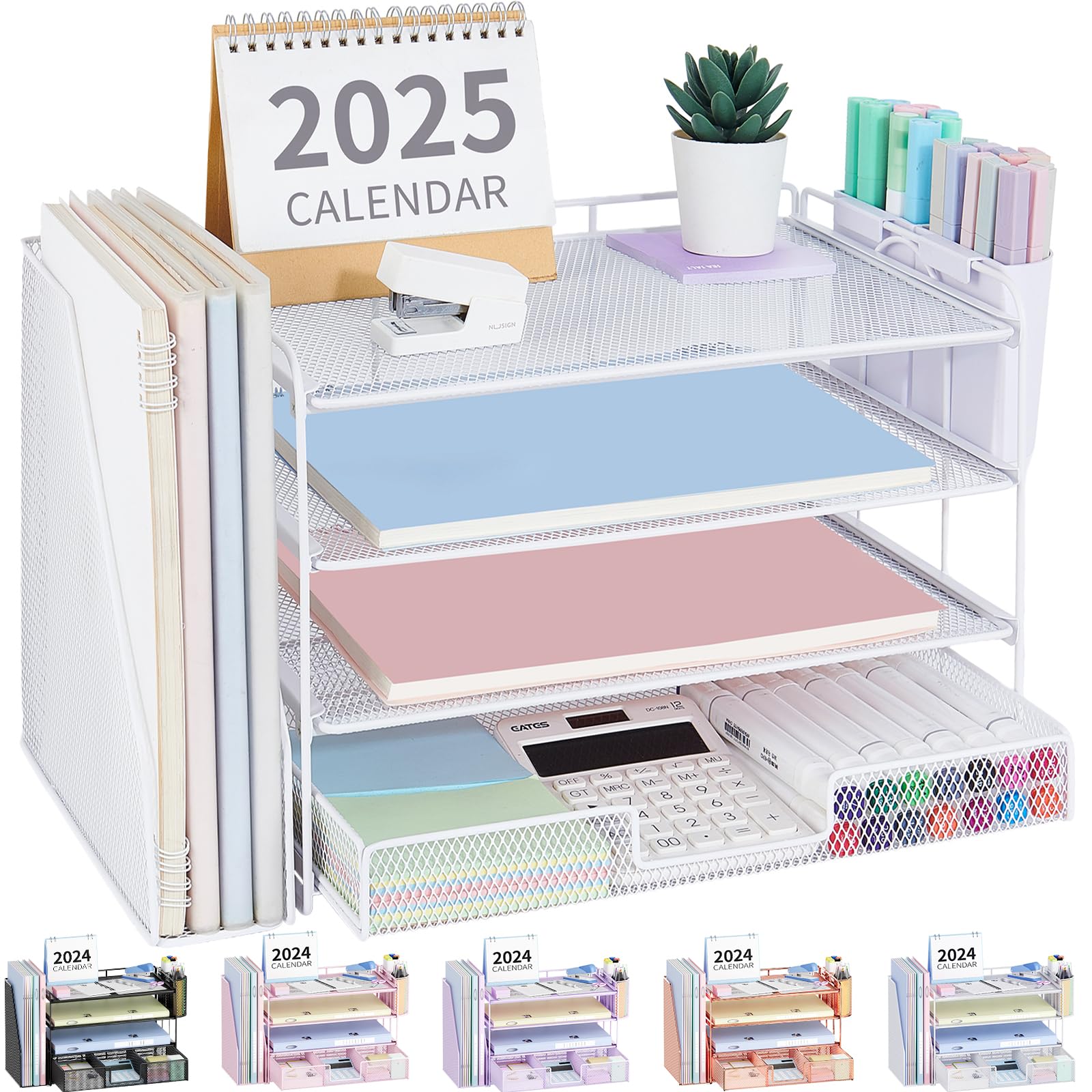OPNICE Desk Organizer, 4-Tier Desktop File Organizer with Drawer and 2 Pen Holders, Office Desk Accessories, File Sorters, Workspace Organizers for Office Supplies(Brown Wood)