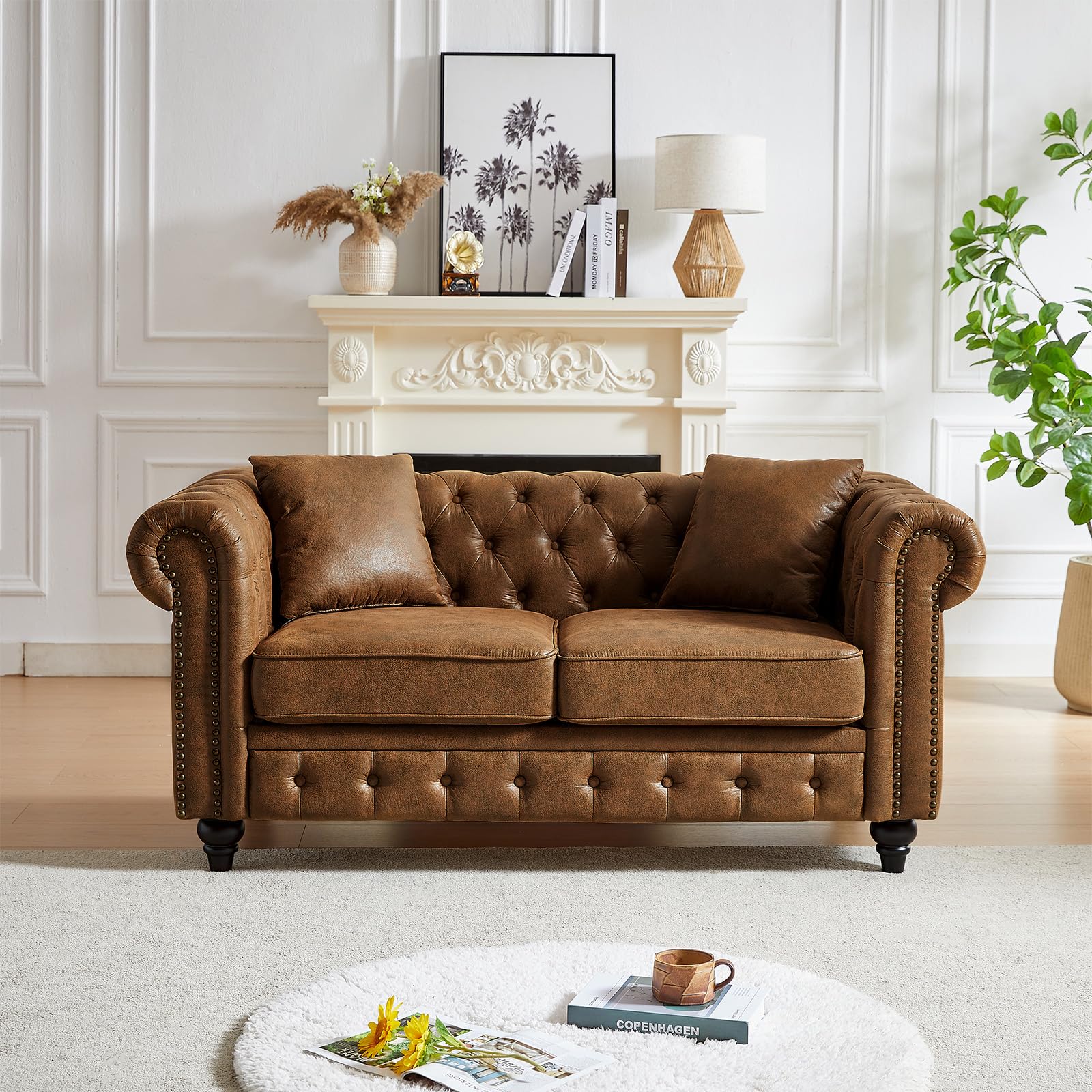 Modern Chesterfield Sofa Couch, 63.5-inch Velvet Fabric Loveseat Sofa with Rolled Arms and Tufted Button for Living Room, Office, Light Grey