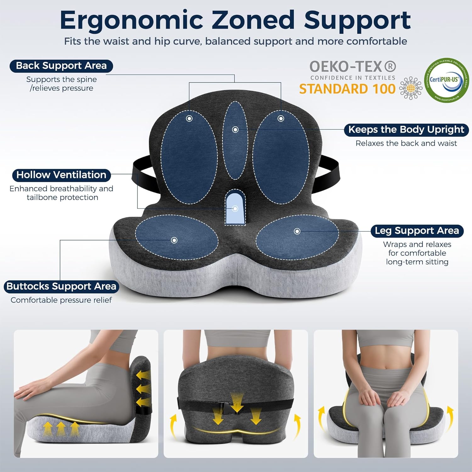 Seat Cushion, Office Chair Cushions for Tailbone Relief, Seat Cushions for Office Chair with L-Shaped Ergonomic Design & Adjustable Strap, Memory Foam Chair Cushion for Long Sitting Worker(Black Gray)