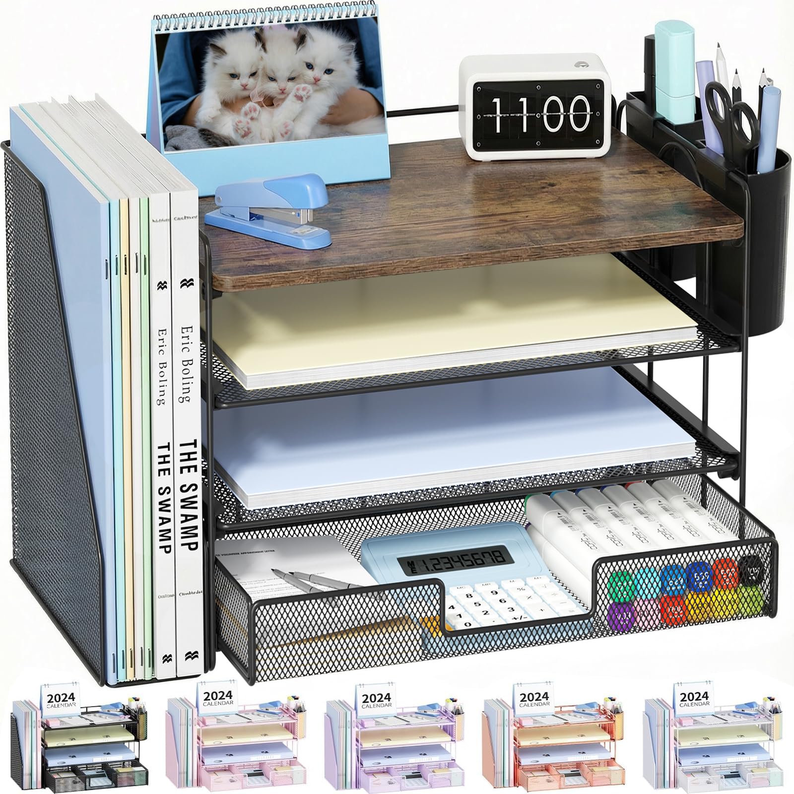 OPNICE Desk Organizer, 4-Tier Desktop File Organizer with Drawer and 2 Pen Holders, Office Desk Accessories, File Sorters, Workspace Organizers for Office Supplies(Brown Wood)
