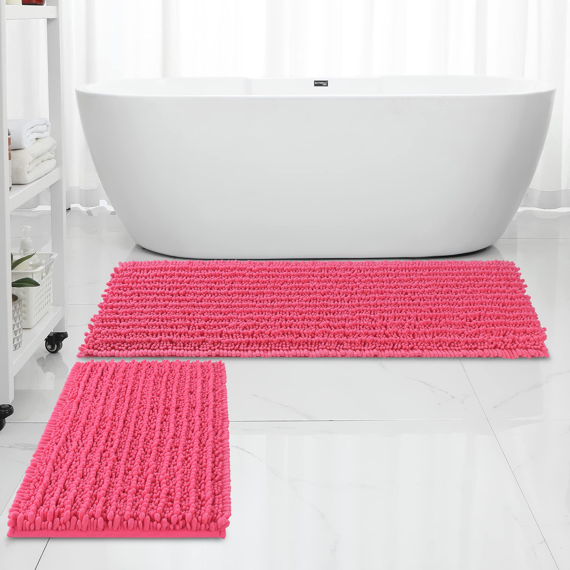 FLOLEOPA Chenille Coral Pink Bath Mat, Luxury Handmade Bathroom Rug, Non Slip, Extra Soft, Absorbent, Machine Washable, 32'x20' Plus 17'x24'