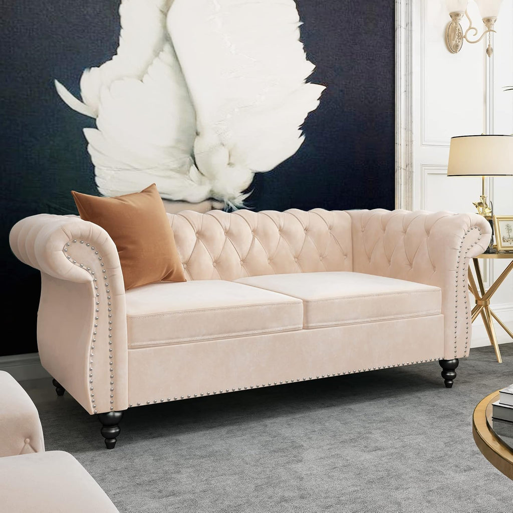 ORRD Chesterfield Loveseat, Modern Velvet Sofa Tufted Couch 2 Seater with Scroll Arms and Nailhead for Living Room, Bedroom, Office, Apartment (Beige)