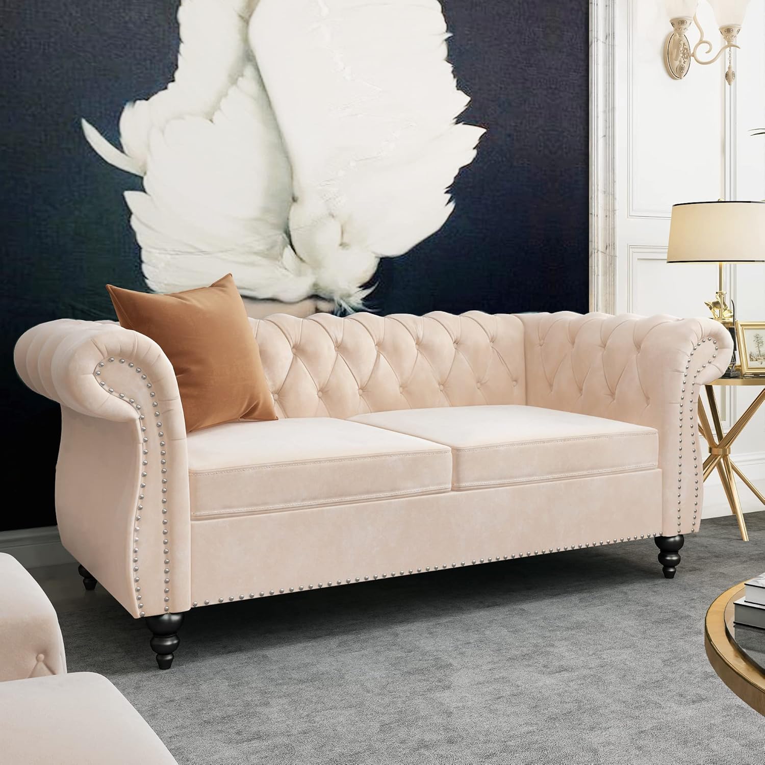 ORRD Chesterfield Loveseat, Modern Velvet Sofa Tufted Couch 2 Seater with Scroll Arms and Nailhead for Living Room, Bedroom, Office, Apartment (Beige)