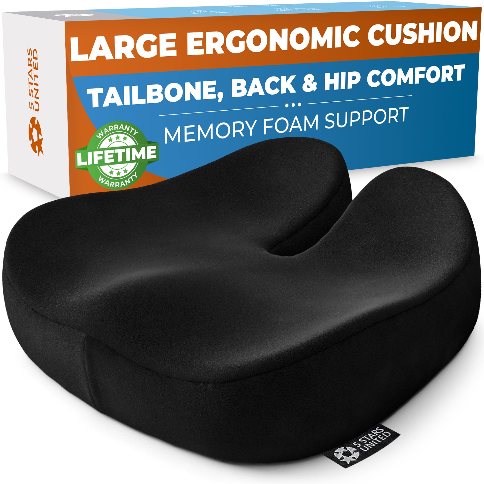 5 STARS UNITED Seat Cushion - Memory Foam Chair Cushion for Tailbone Pain Relief - Ergonomic Support for Coccyx, Sciatica & Butt - Office, Desk & Gaming Chair, Car Seat, Wheelchair, Airplane, Black