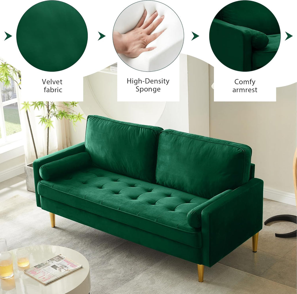 67" Mid Century Modern Loveseat Sofa, 2-Seater Velvet Tufted Love Seat Couch with Bolster Pillows, Golden Frosted Legs for Small Space, Living Room, Apartment, Bedroom (Green)