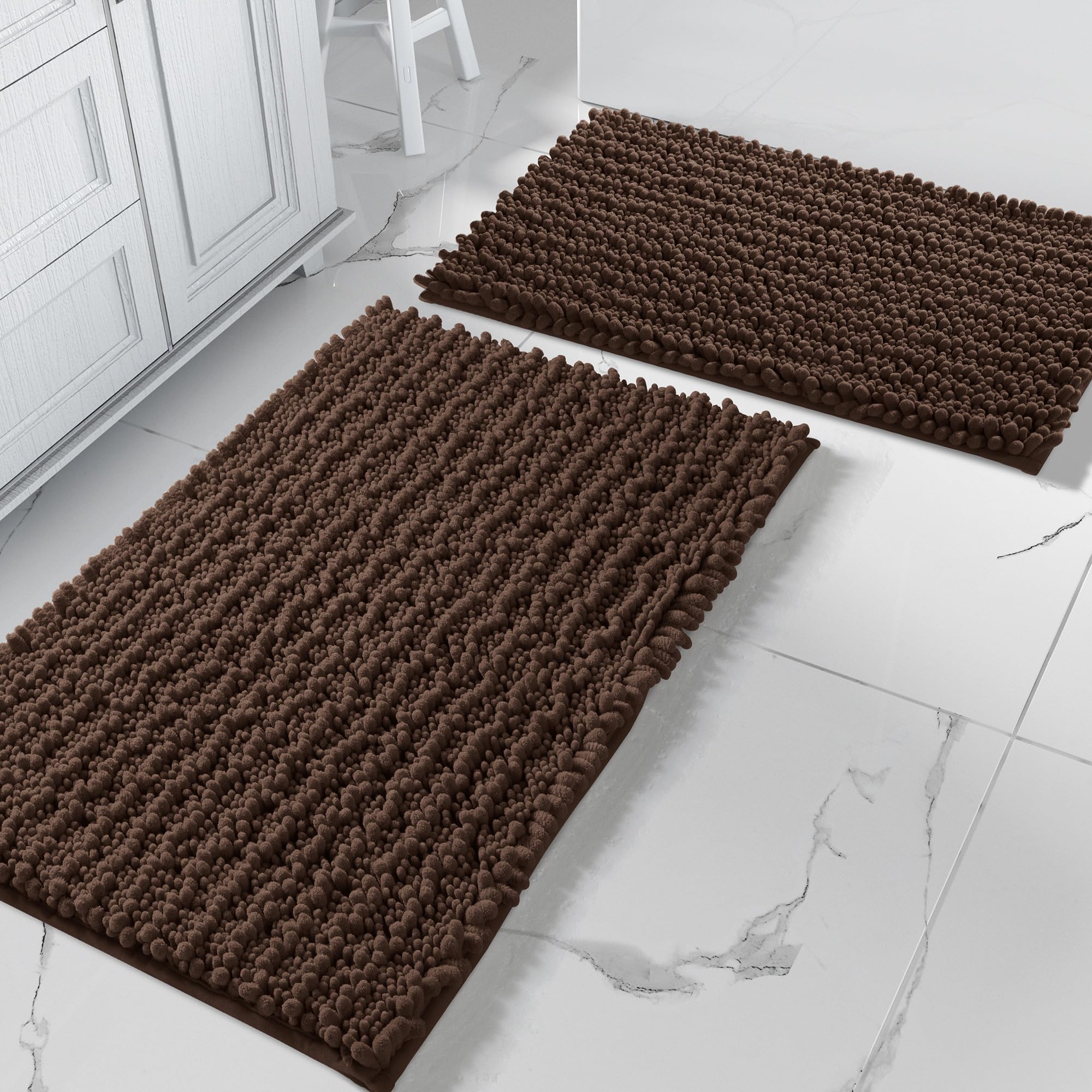 Yimobra Bathroom Rugs Sets 2 Piece - Quick Dry Extra Thick Luxury Chenille Bath Mat, Non Slip Super Absorbent for Tub Shower Sink, Machine Washable Shaggy Floor Mat, 32"x20"+24"x17" Inch, Black