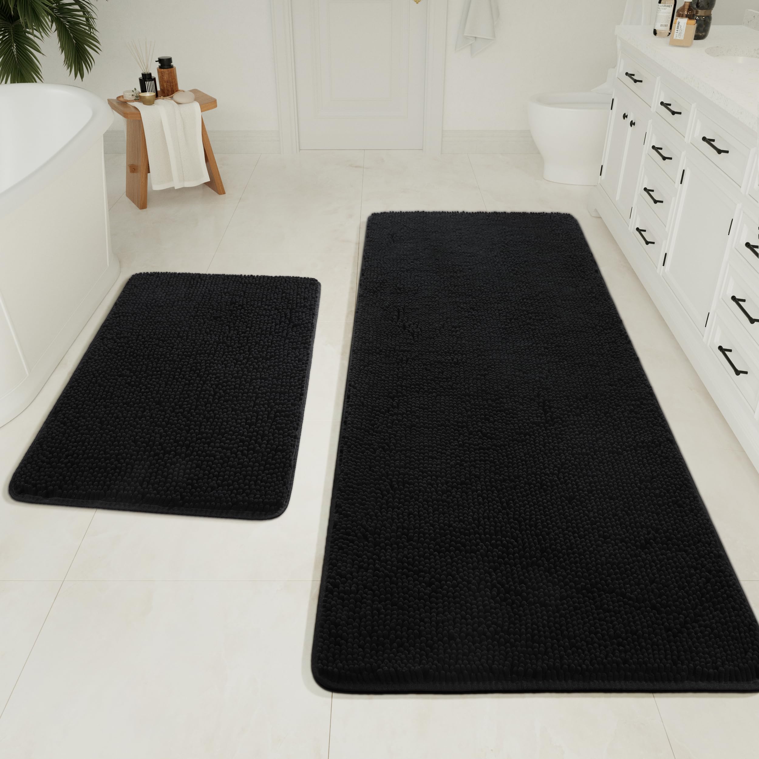 LOCHAS Bathroom Rugs Sets 2 Piece, 17 x 24 Plus 20 x 32 Inches Thick Non Slip Bath Rug Set, Absorbent Soft Chenille Bath Rug, Machine Washable Quick Dry Bath Mat for Bathroom Floor, Grey