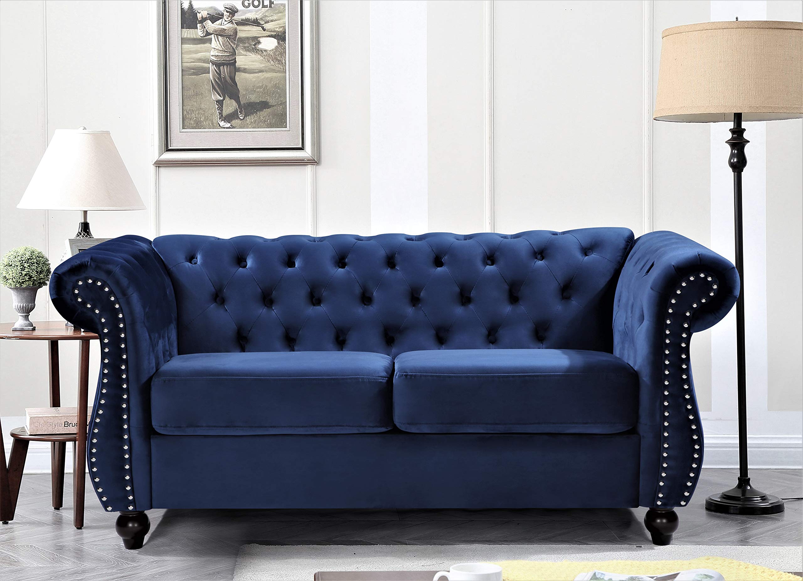 Container Furniture Direct Feinstein Modern Velvet Chesterfield Couches for Living Room with Nailheads, Diamond Tufting & Durable Metal Frame, Loveseat, Green