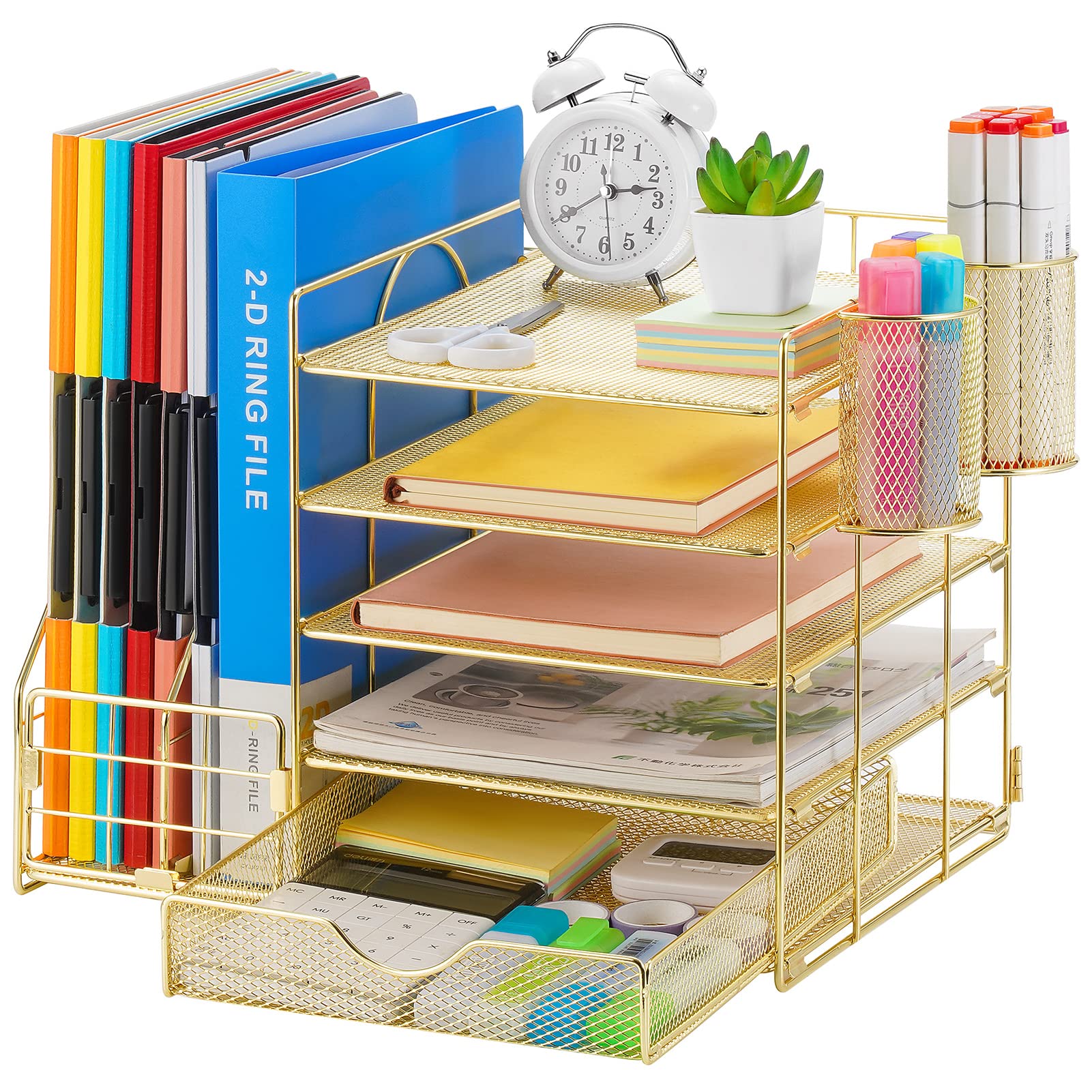 Marbrasse Desk Organizer with File Holder, 5-Tier Paper Letter Tray Organizer with Drawer and 2 Pen Holder, Mesh Desktop Organizer and Storage with Magazine Holder for Office Supplies (Wood-Brown)