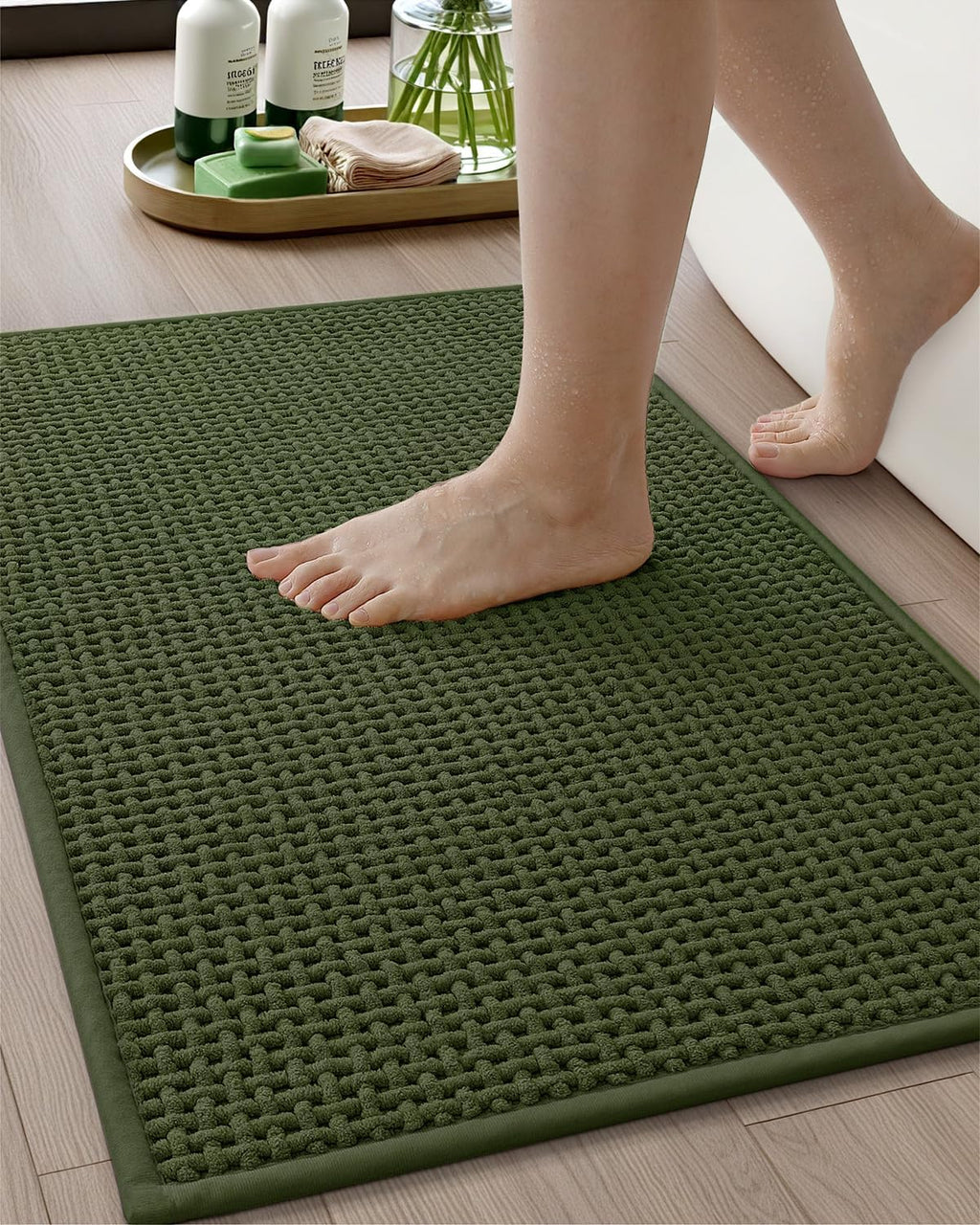 Color&Geometry Chenille Pile Large Bathroom Rugs Upgraded Denser, 24"x36" Non Slip Absorbent Green Bath Mats for Bathroom Thin Fit Under Door, Washable Quick Dry
