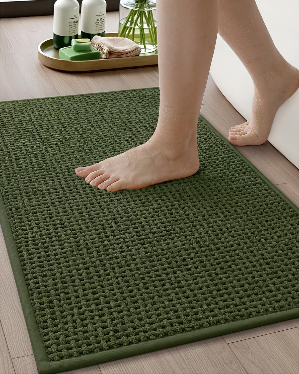 Color&Geometry Chenille Pile Large Bathroom Rugs Upgraded Denser, 24"x36" Non Slip Absorbent Green Bath Mats for Bathroom Thin Fit Under Door, Washable Quick Dry
