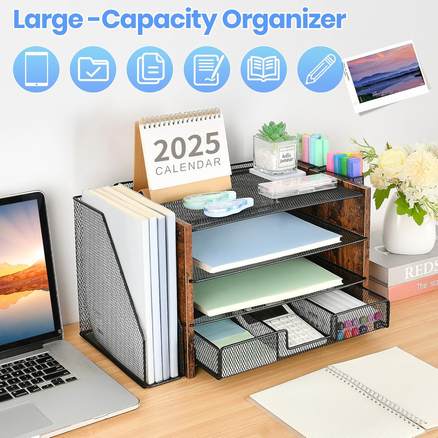 OPNICE Desk Organizer, 4-Tier Desktop File Organizer with Drawer and 2 Pen Holders, Office Desk Accessories, File Sorters, Workspace Organizers for Office Supplies(Brown Wood)