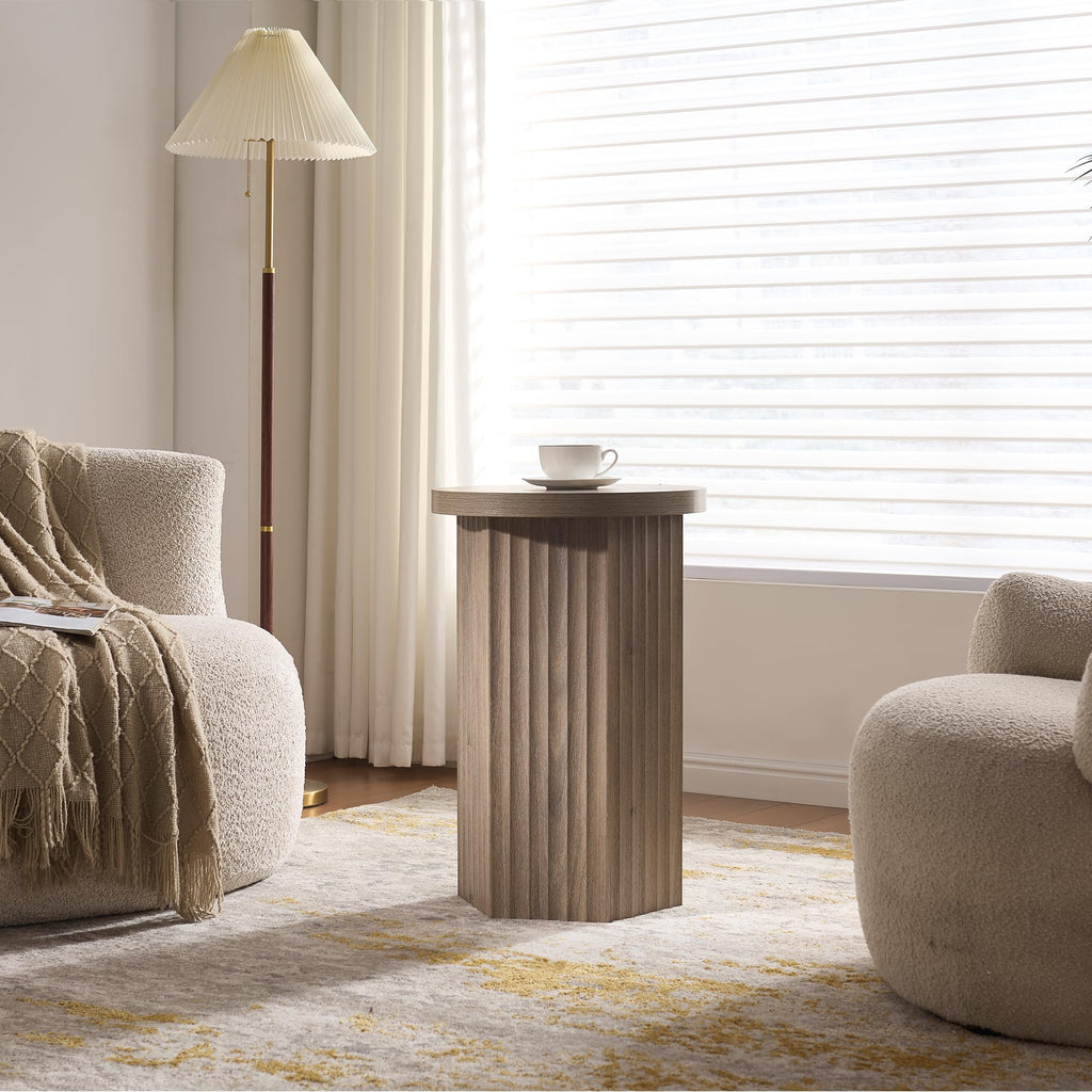 VividVibe End Tables for Living Room, Fluted Couch Side Table with Hexagonal Base, Wooden Bedside Table Bedroom Nightstands 2 Set Home Office Modern Accent Gray Alder