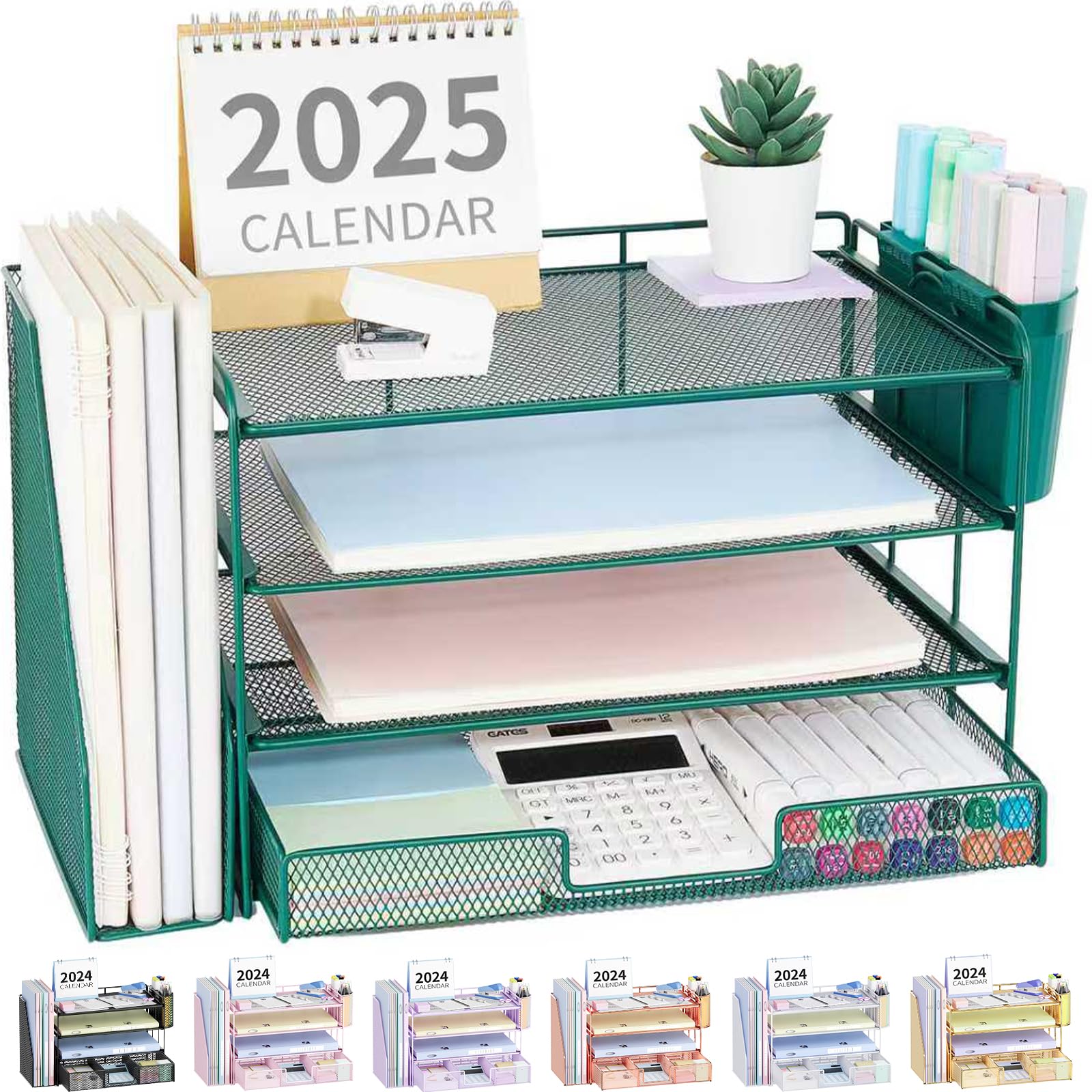 OPNICE Desk Organizer, 4-Tier Desktop File Organizer with Drawer and 2 Pen Holders, Office Desk Accessories, File Sorters, Workspace Organizers for Office Supplies(Brown Wood)