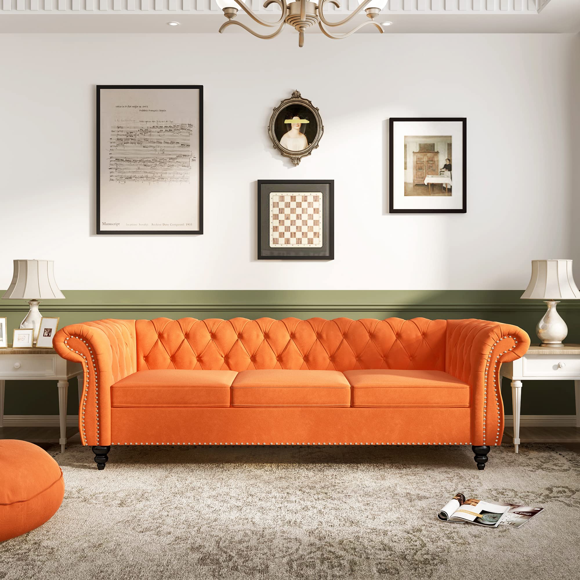 ORRD Chesterfield Loveseat, Modern Velvet Sofa Tufted Couch 2 Seater with Scroll Arms and Nailhead for Living Room, Bedroom, Office, Apartment (Beige)
