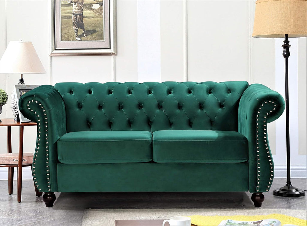 Container Furniture Direct Feinstein Modern Velvet Chesterfield Couches for Living Room with Nailheads, Diamond Tufting & Durable Metal Frame, Loveseat, Green