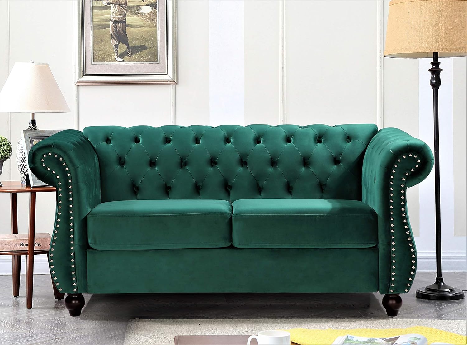 Container Furniture Direct Feinstein Modern Velvet Chesterfield Couches for Living Room with Nailheads, Diamond Tufting & Durable Metal Frame, Loveseat, Green