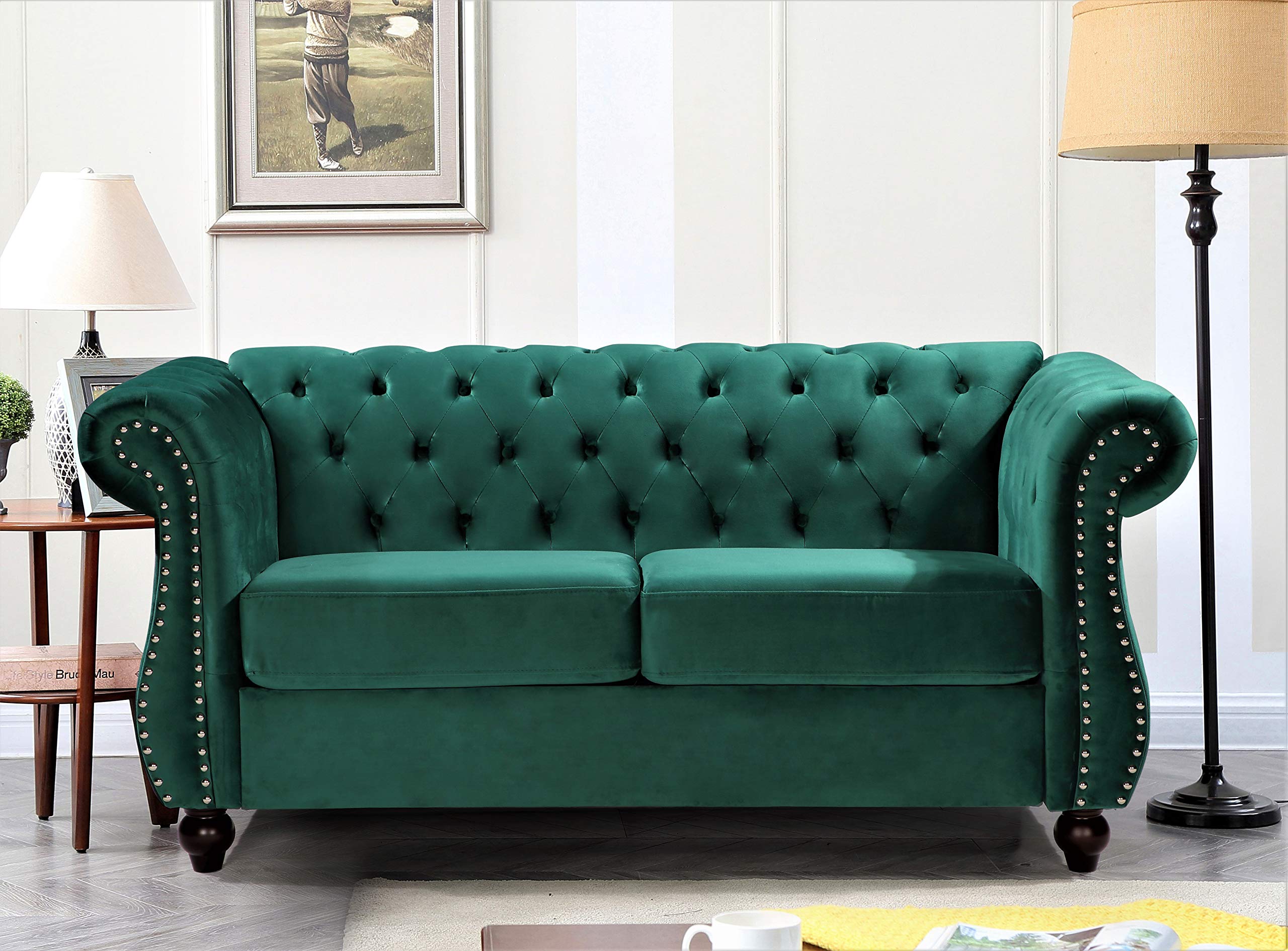 Container Furniture Direct Feinstein Modern Velvet Chesterfield Couches for Living Room with Nailheads, Diamond Tufting & Durable Metal Frame, Loveseat, Green
