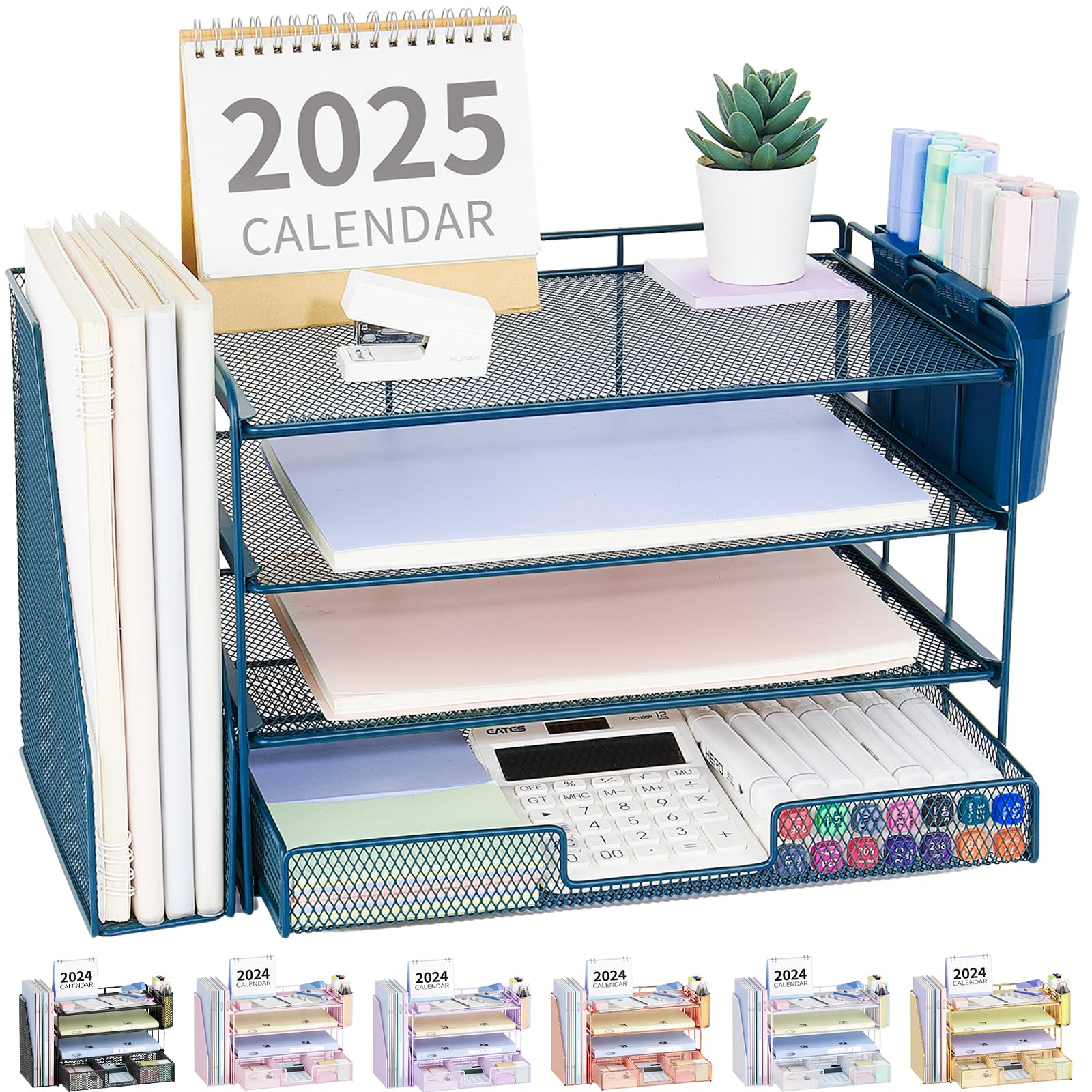 OPNICE Desk Organizer, 4-Tier Desktop File Organizer with Drawer and 2 Pen Holders, Office Desk Accessories, File Sorters, Workspace Organizers for Office Supplies(Brown Wood)