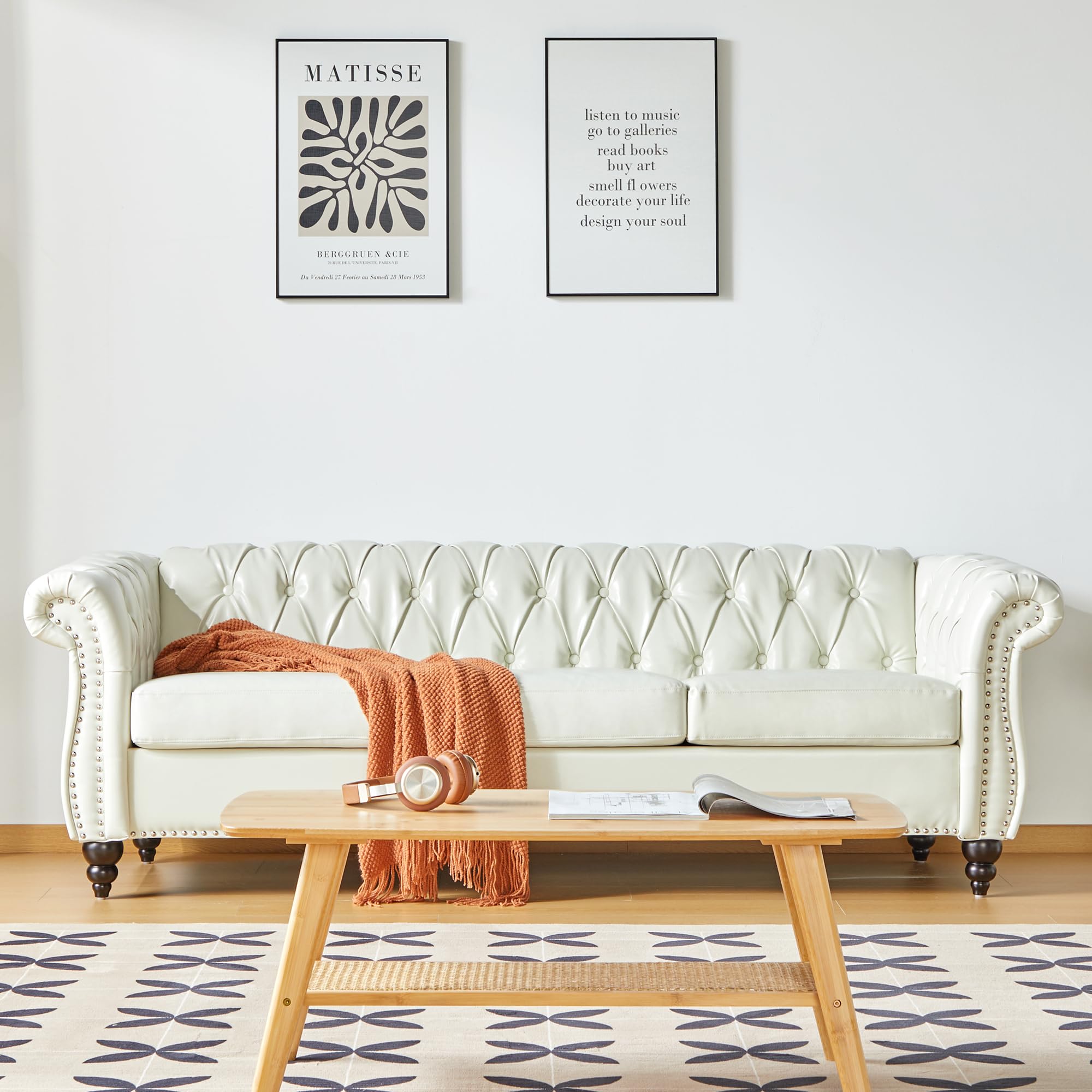 ORRD Chesterfield Loveseat, Modern Velvet Sofa Tufted Couch 2 Seater with Scroll Arms and Nailhead for Living Room, Bedroom, Office, Apartment (Beige)