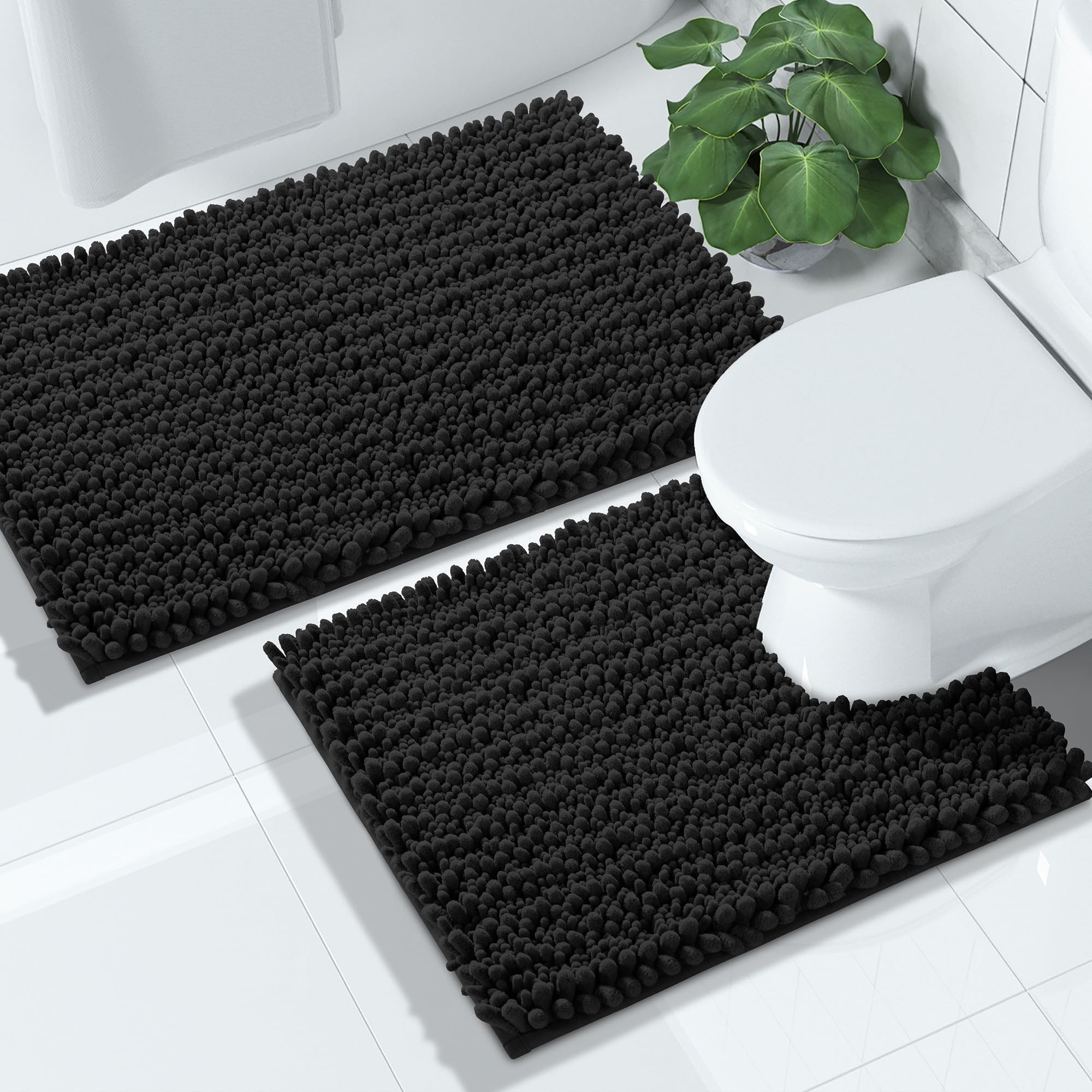 Yimobra Bathroom Rugs Sets 2 Piece - Quick Dry Extra Thick Luxury Chenille Bath Mat, Non Slip Super Absorbent for Tub Shower Sink, Machine Washable Shaggy Floor Mat, 32"x20"+24"x17" Inch, Black