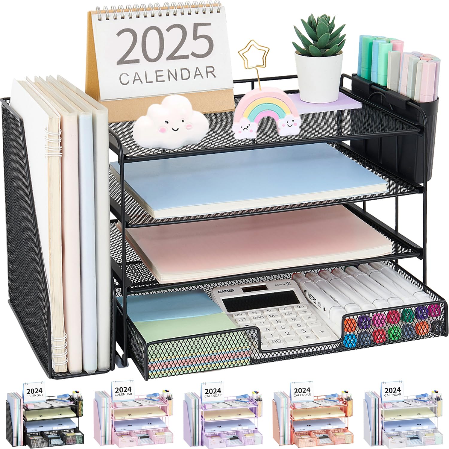 OPNICE Desk Organizer, 4-Tier Desktop File Organizer with Drawer and 2 Pen Holders, Office Desk Accessories, File Sorters, Workspace Organizers for Office Supplies(Brown Wood)