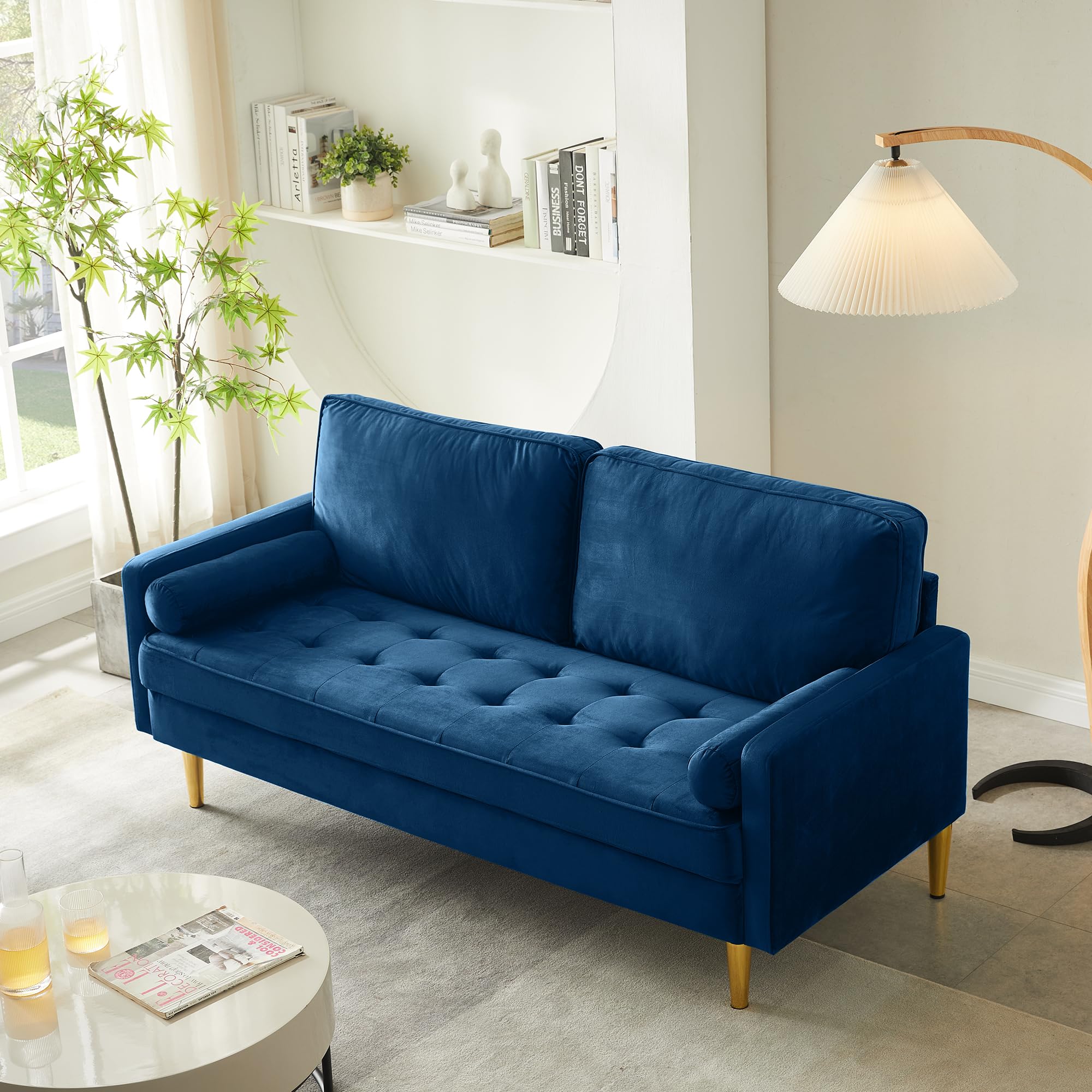67" Mid Century Modern Loveseat Sofa, 2-Seater Velvet Tufted Love Seat Couch with Bolster Pillows, Golden Frosted Legs for Small Space, Living Room, Apartment, Bedroom (Green)