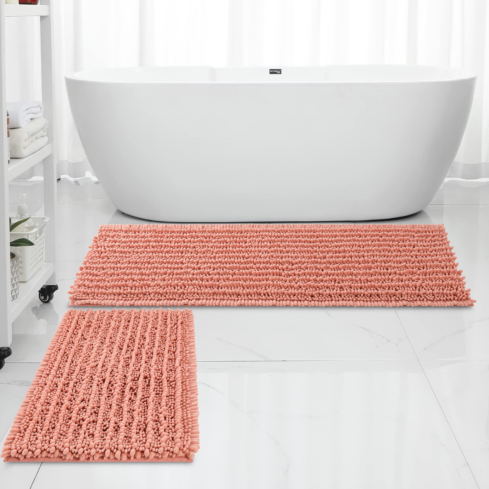 FLOLEOPA Chenille Coral Pink Bath Mat, Luxury Handmade Bathroom Rug, Non Slip, Extra Soft, Absorbent, Machine Washable, 32'x20' Plus 17'x24'